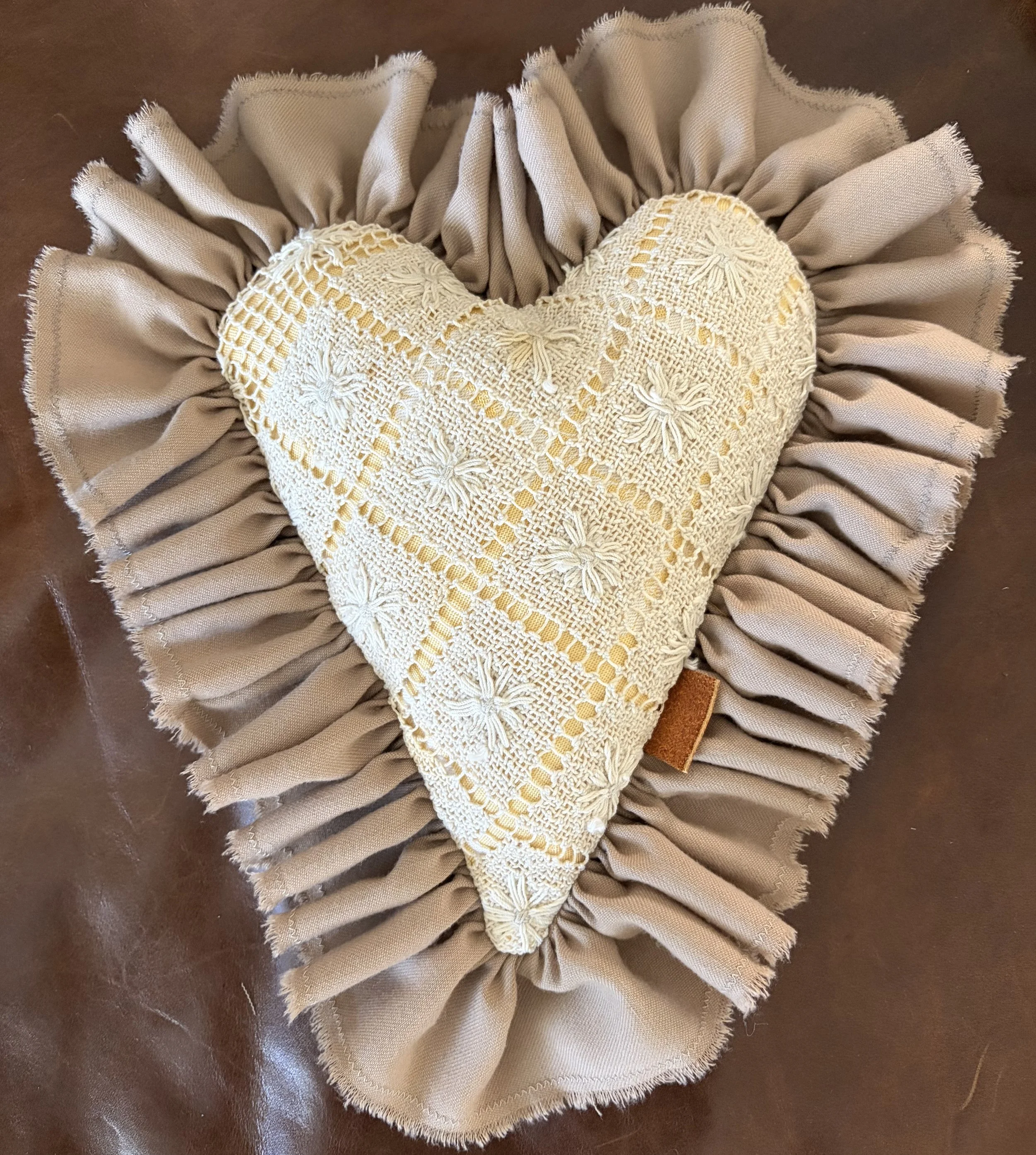 8" Handmade Valentine's Day Heart Rustic Accent Vintage Upcyled Yellow Cream Linen Woven Lace Ruffle Trim Throw Pillow