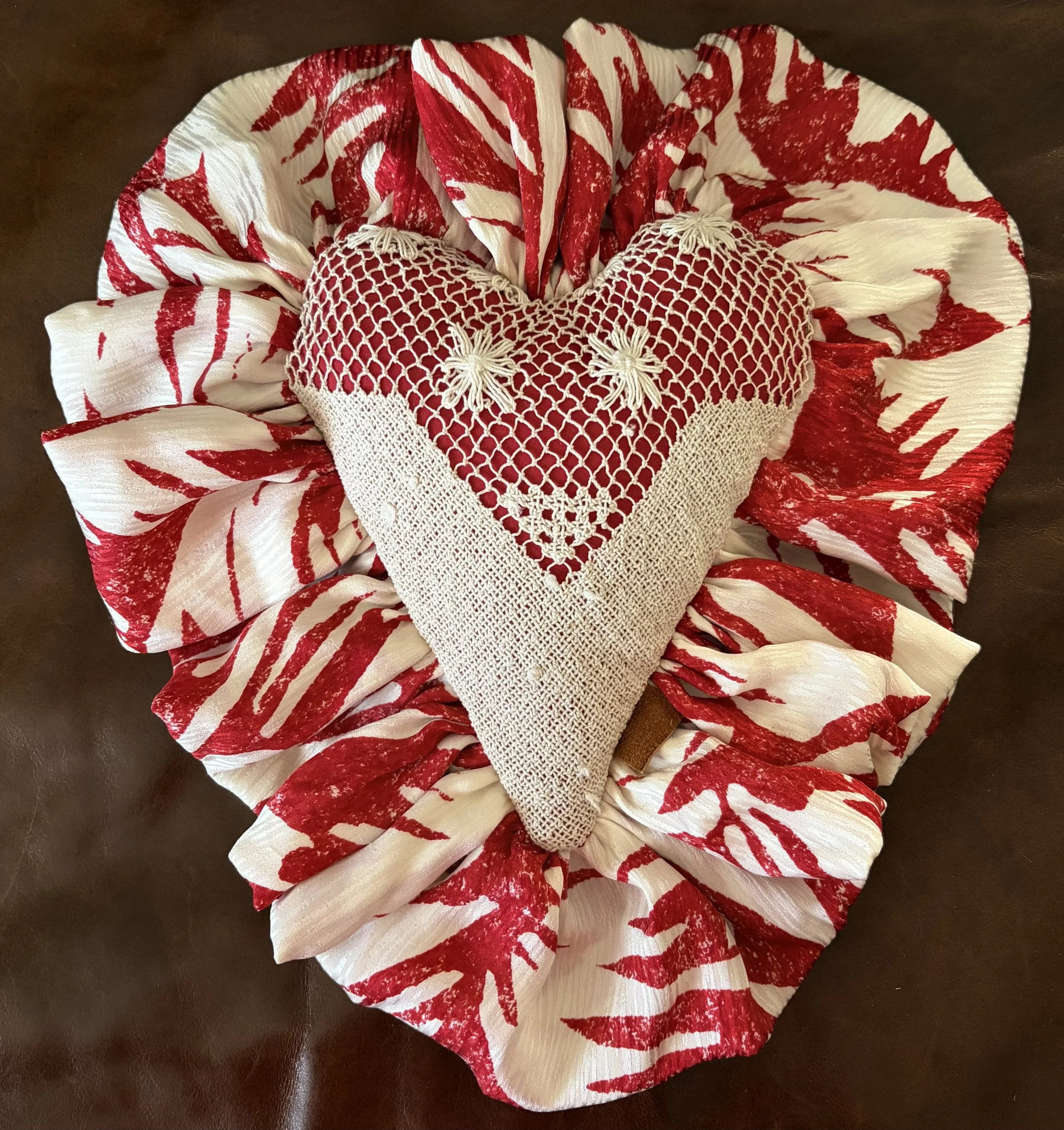 8" Valentine's Day Heart Handmade Rustic Throw Pillow Vintage Upcyled Anne Klein Fabric Woven Lace Tablecloth Red Cotton Ruffled Edge Chic Home Decor