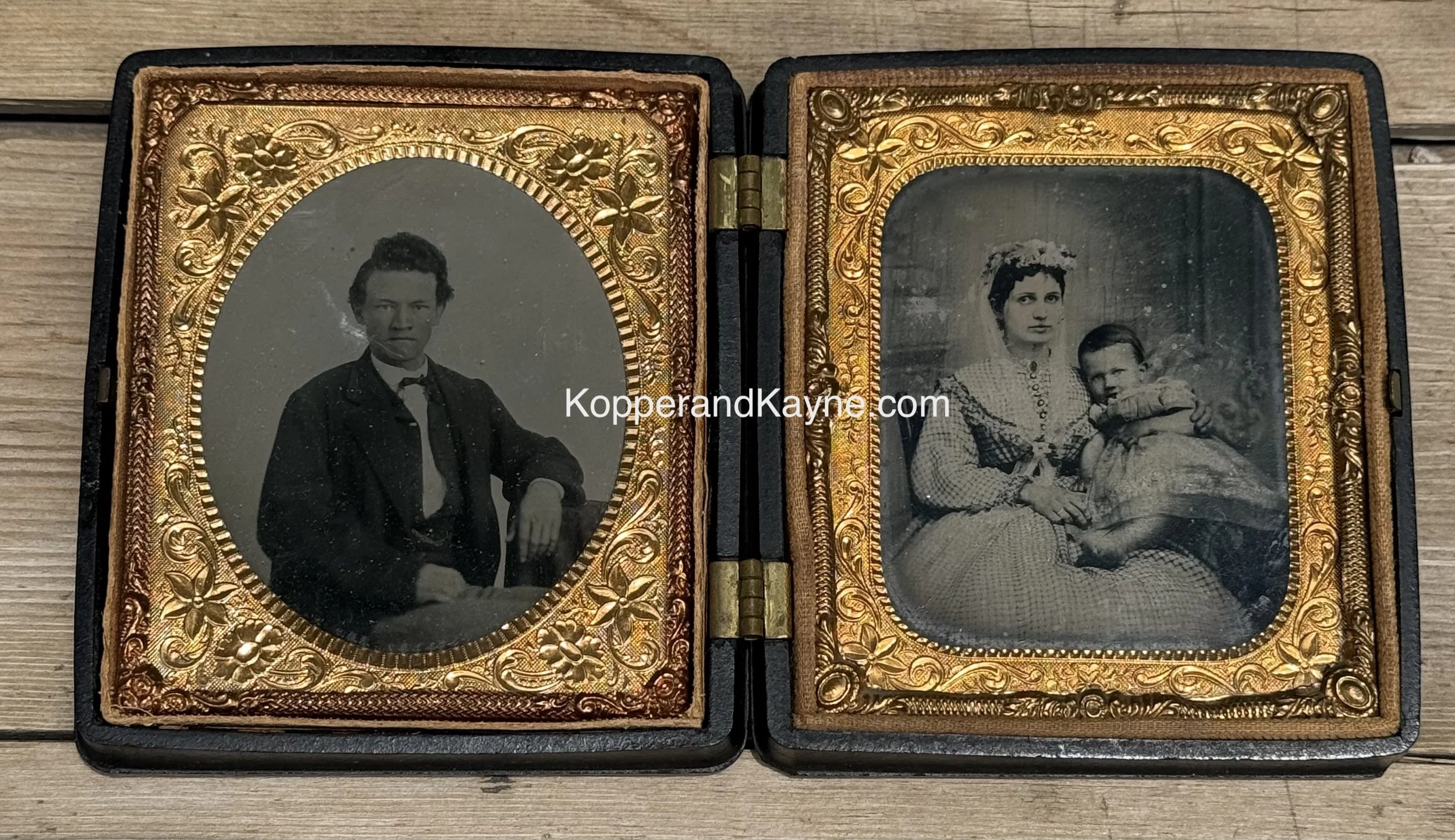 Antique Victorian Cupid Stag Sixth Plate Union Case Two TinType Portrait Photograph Images Dapper Gentleman and Elegant Woman with Baby Child