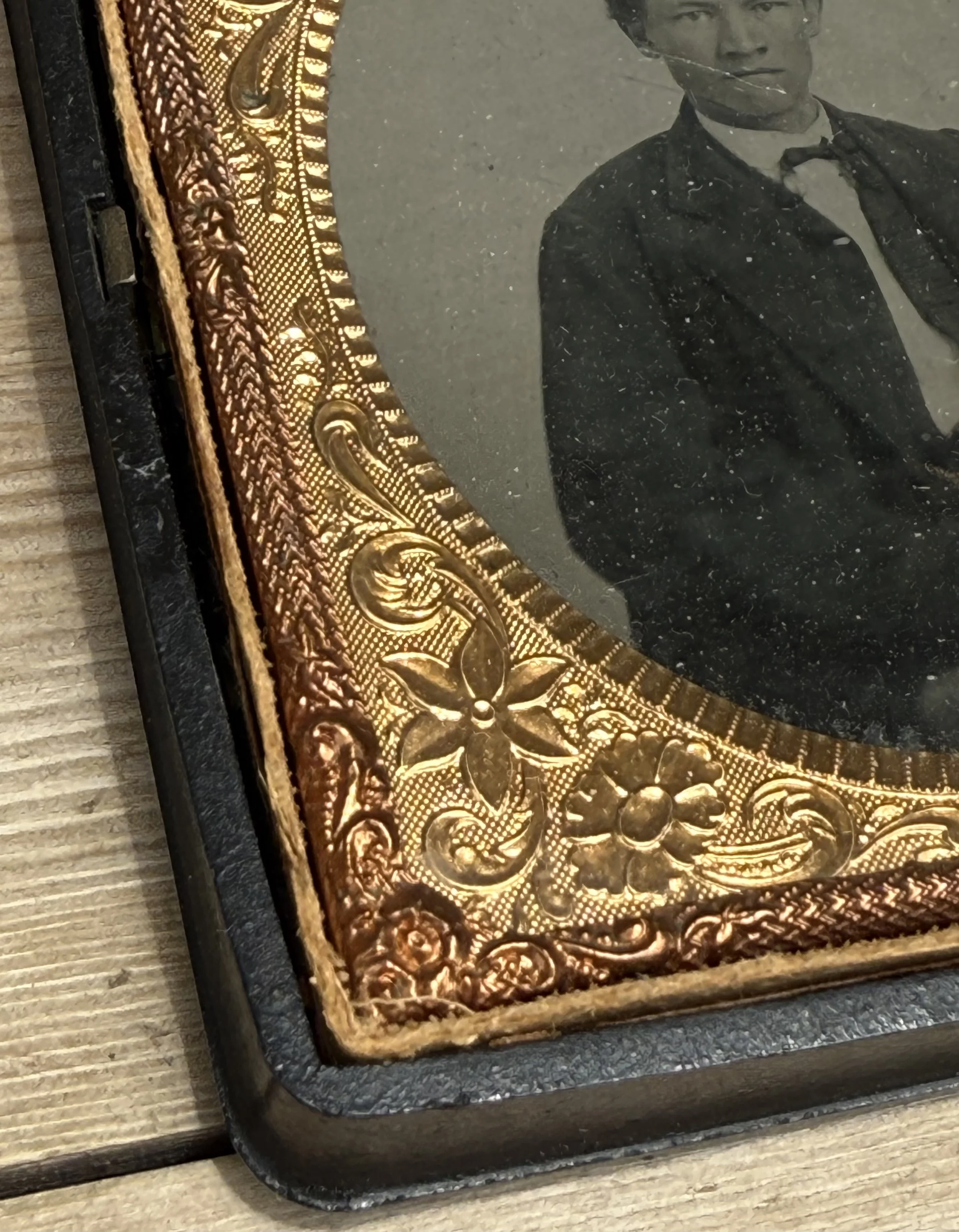 close up view photo Victorian man TinType case brass matte detail