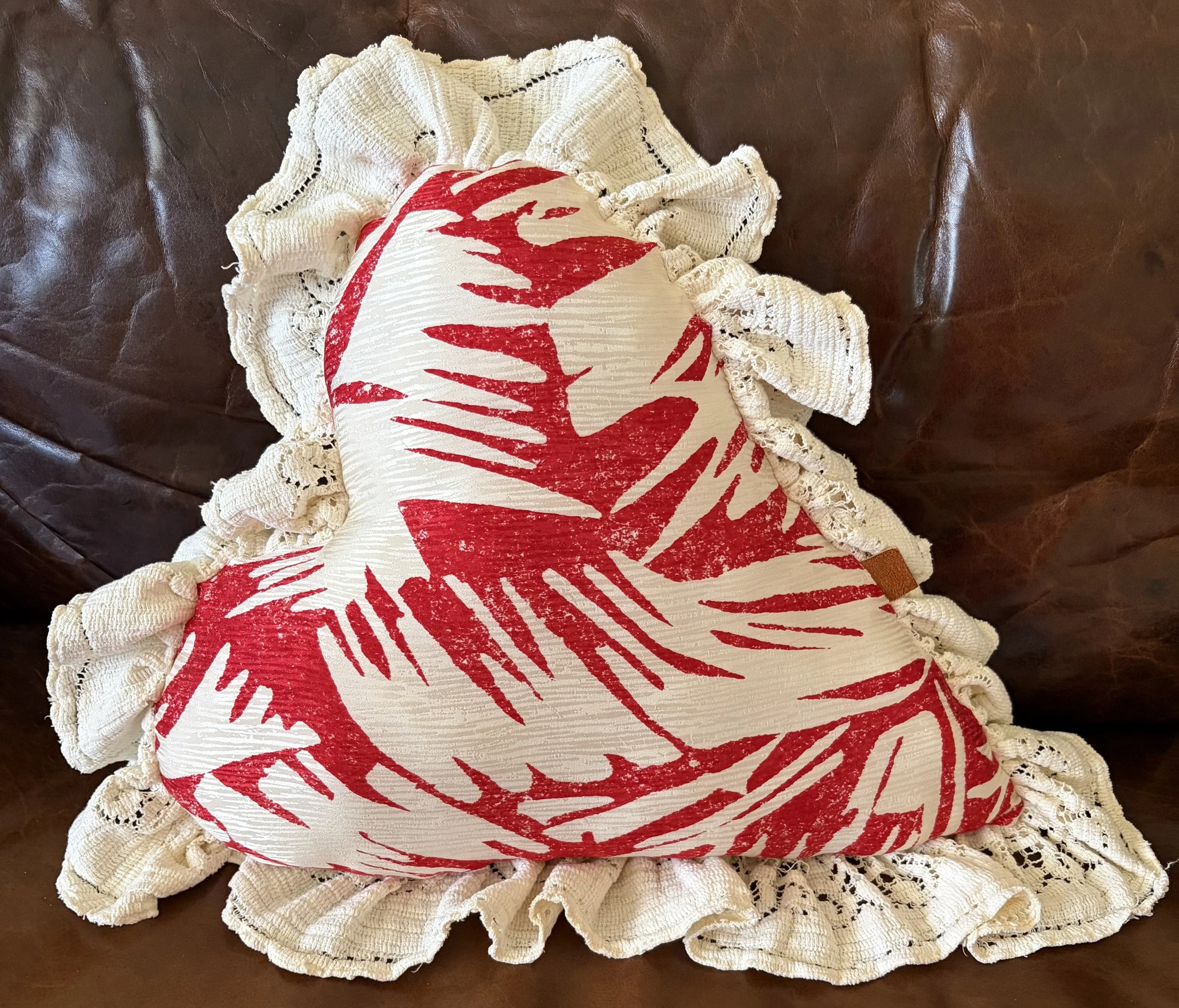Large 18" Bright Red White Handmade Valentine's Day Heart Pillow Vintage Anne Klein Upcyle Fabric Quaker Lace Ruffled Edge Romantic Chic Home Decor