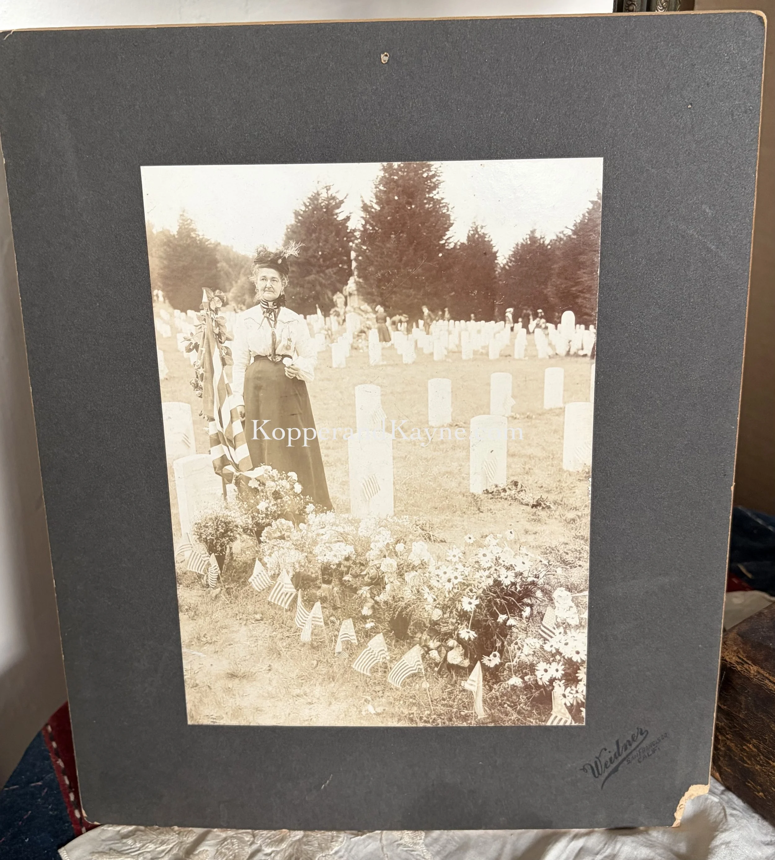 GAR Civil War Veteran Widow Unidentified Large Cabinet Card Outdoor Cemetery Graveyard Photo by Weidner San Francsico Old Edwardian Real Photograph Bay Area California