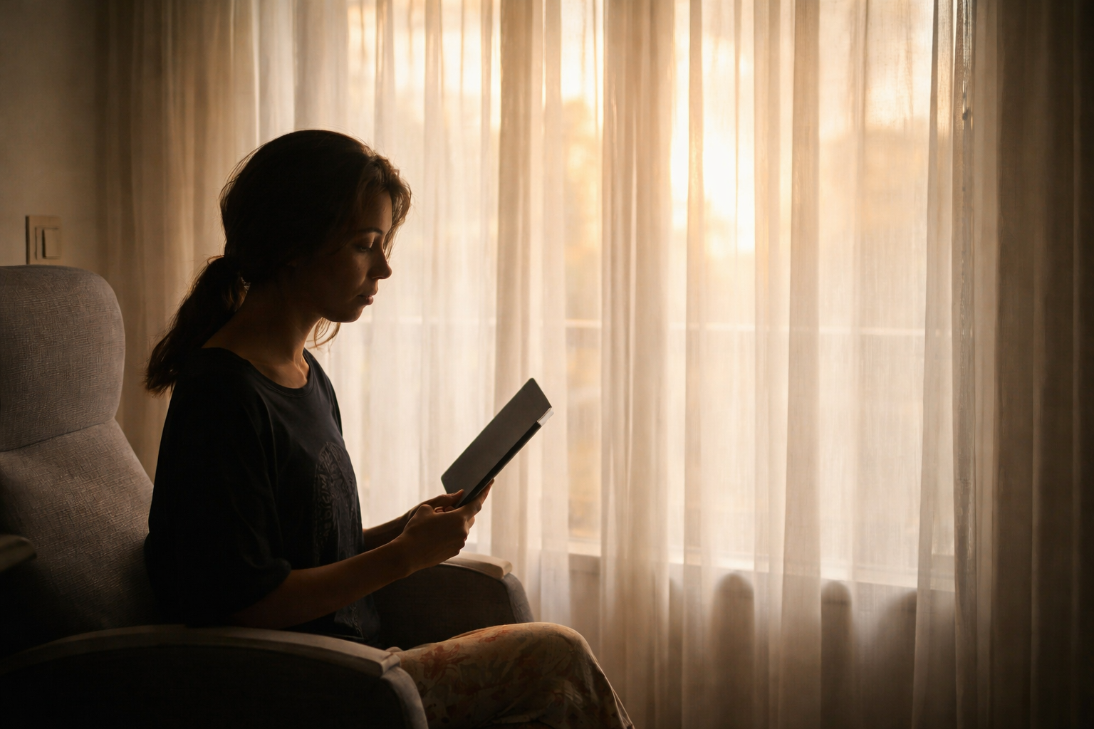 Woman sitting quietly by a window, reflecting on perfectionism and self-doubt