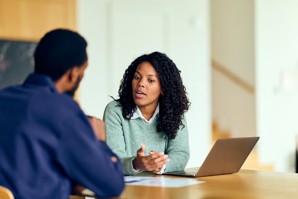 a calm leader engaged in discussion