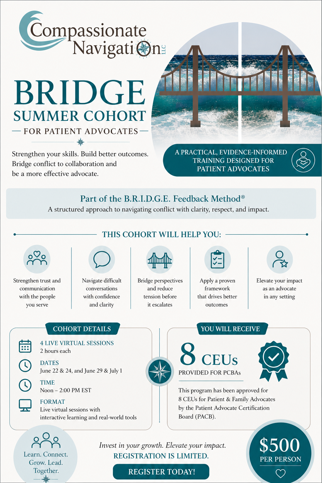 Flyer for the Bridge Summer Cohort by Compassionate Navigation LLC, featuring a bridge image, program details, benefits, dates, and registration information.