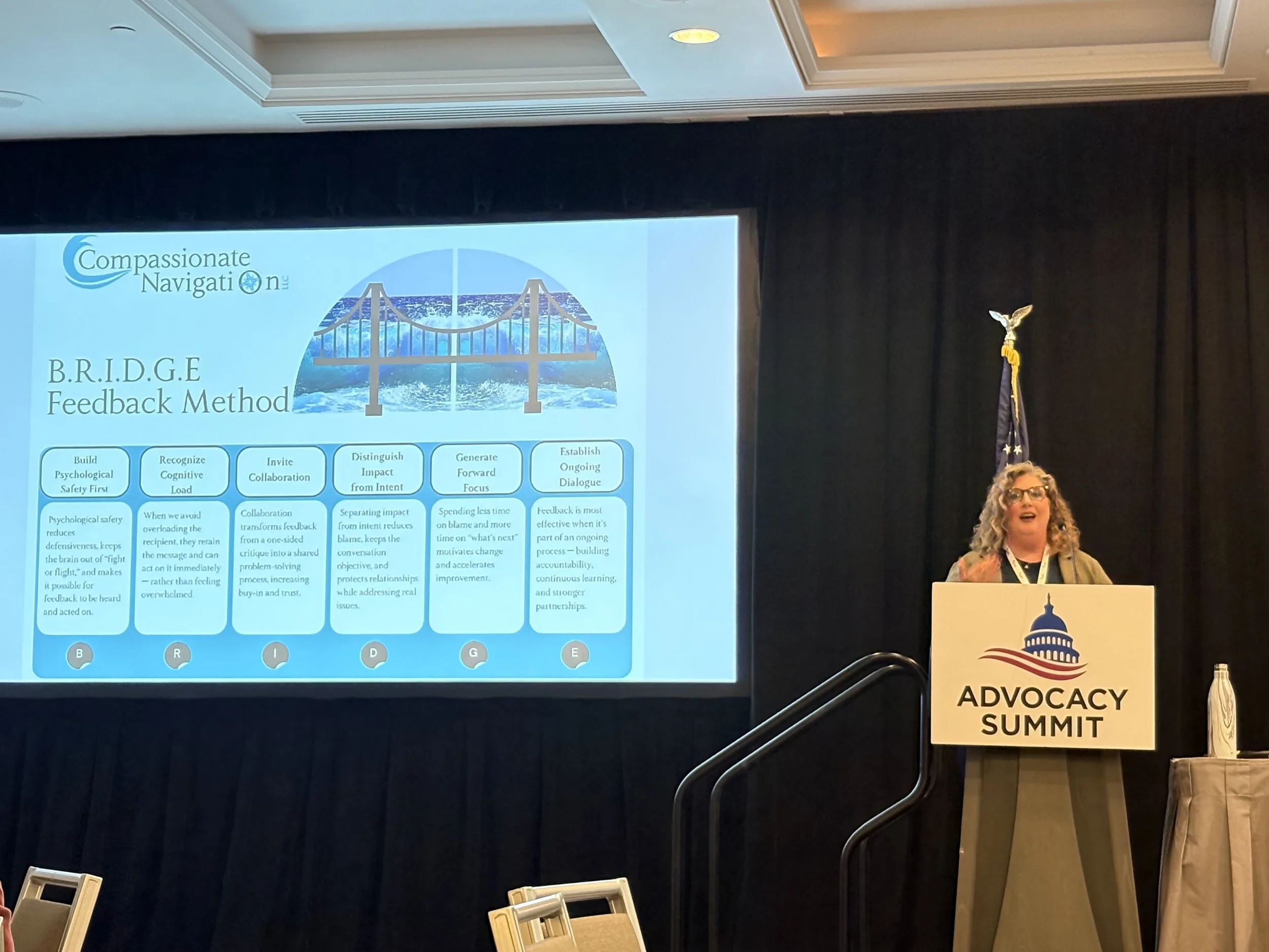 Dr.  Malynnda Stewart is presenting at the  2026 SOPHE Advocacy Summit. Displaying a presentation about the B.R.I.D.G.E. Feedback Method