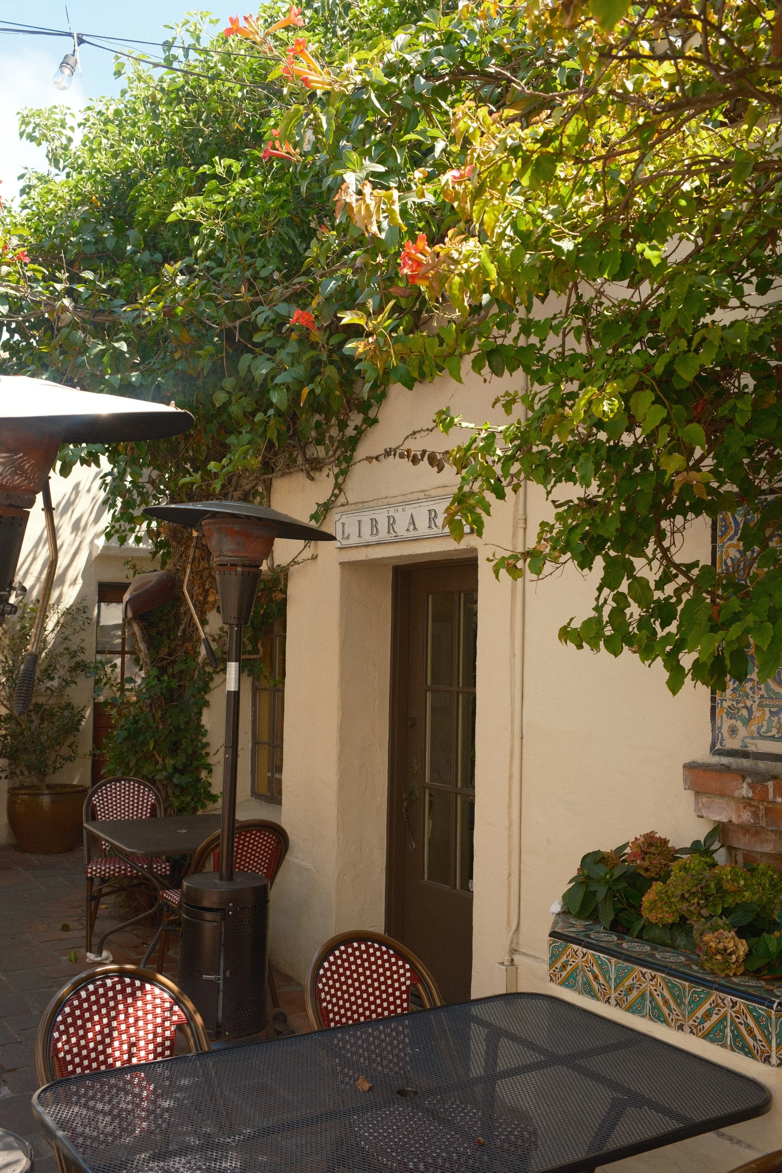 Outdoor patio with round metal tables and red cushioned chairs, large potted plants, outdoor heaters, and a wall with a sign that reads 'The Library'. Green trees and a clear sky in the background.