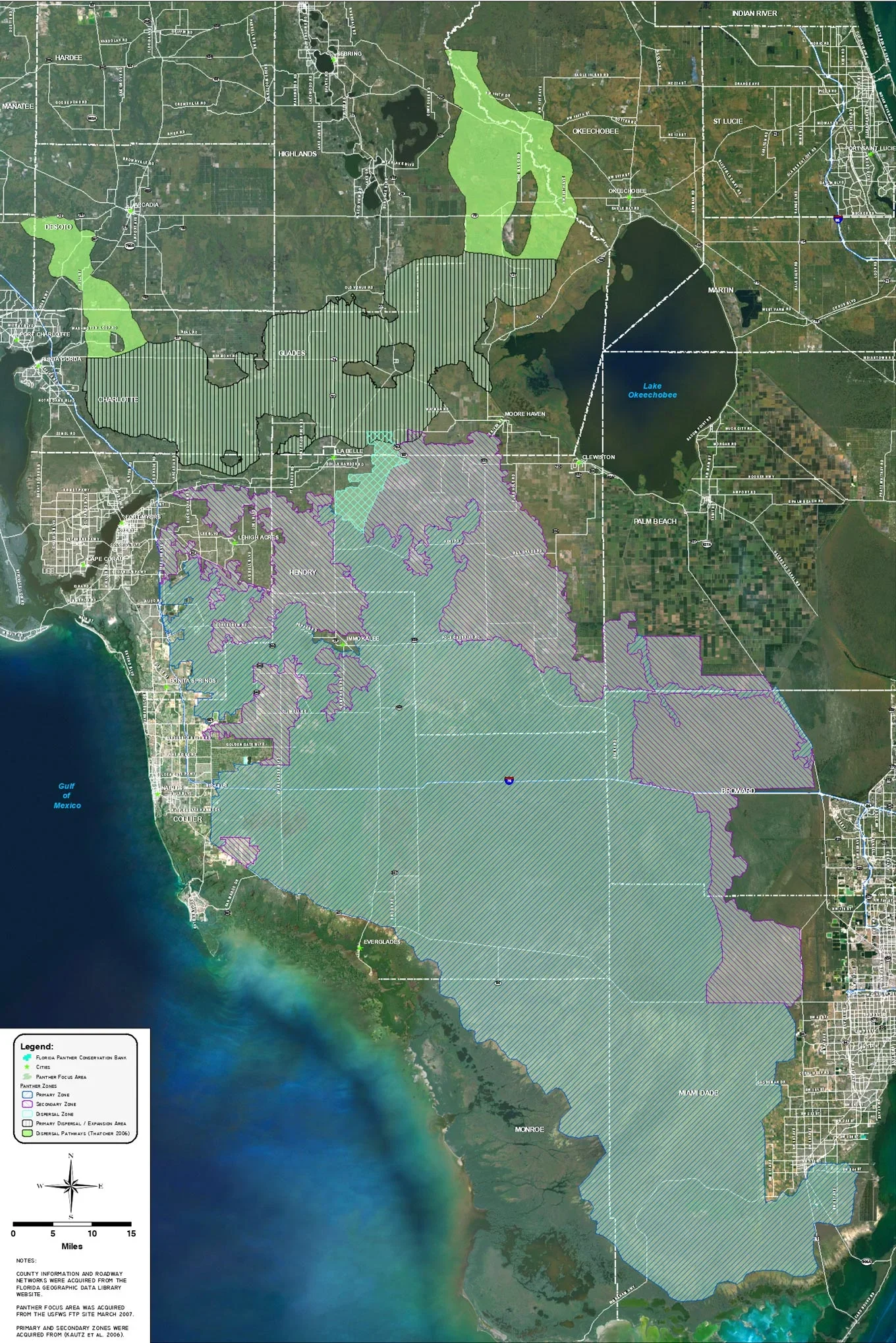 Map of the Florida Panther Conservation Bank in southwest Florida, showing various zones and areas within the reserve, with lakes, roads, and surrounding cities marked.