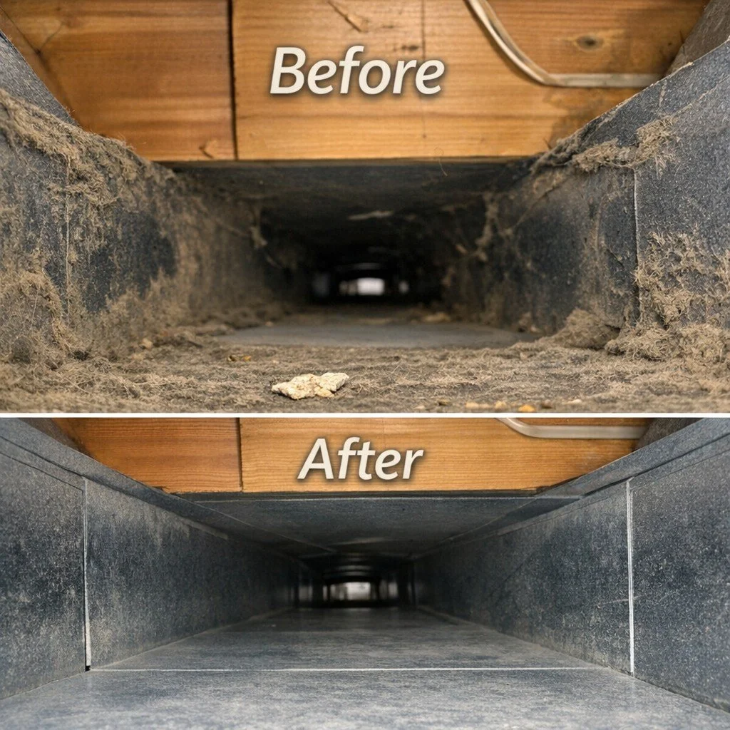 Comparison of a dirty, dusty vent or duct before and after cleaning, with the top image labeled 'Before' showing dirt and debris, and the bottom image labeled 'After' showing a clean, soot-free surface.