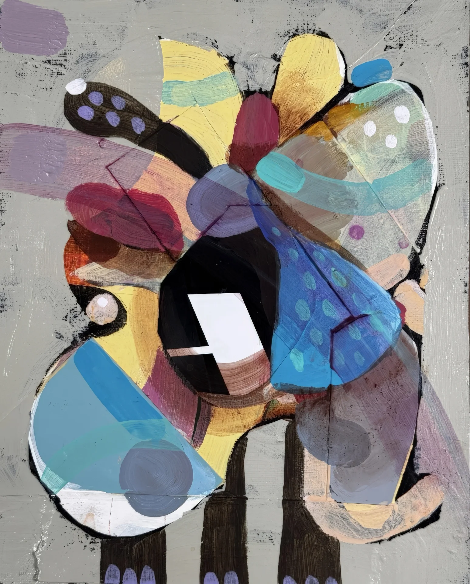 Biomorphic forms rise from dark legs with a skateboard sticker at center, against gray ground.