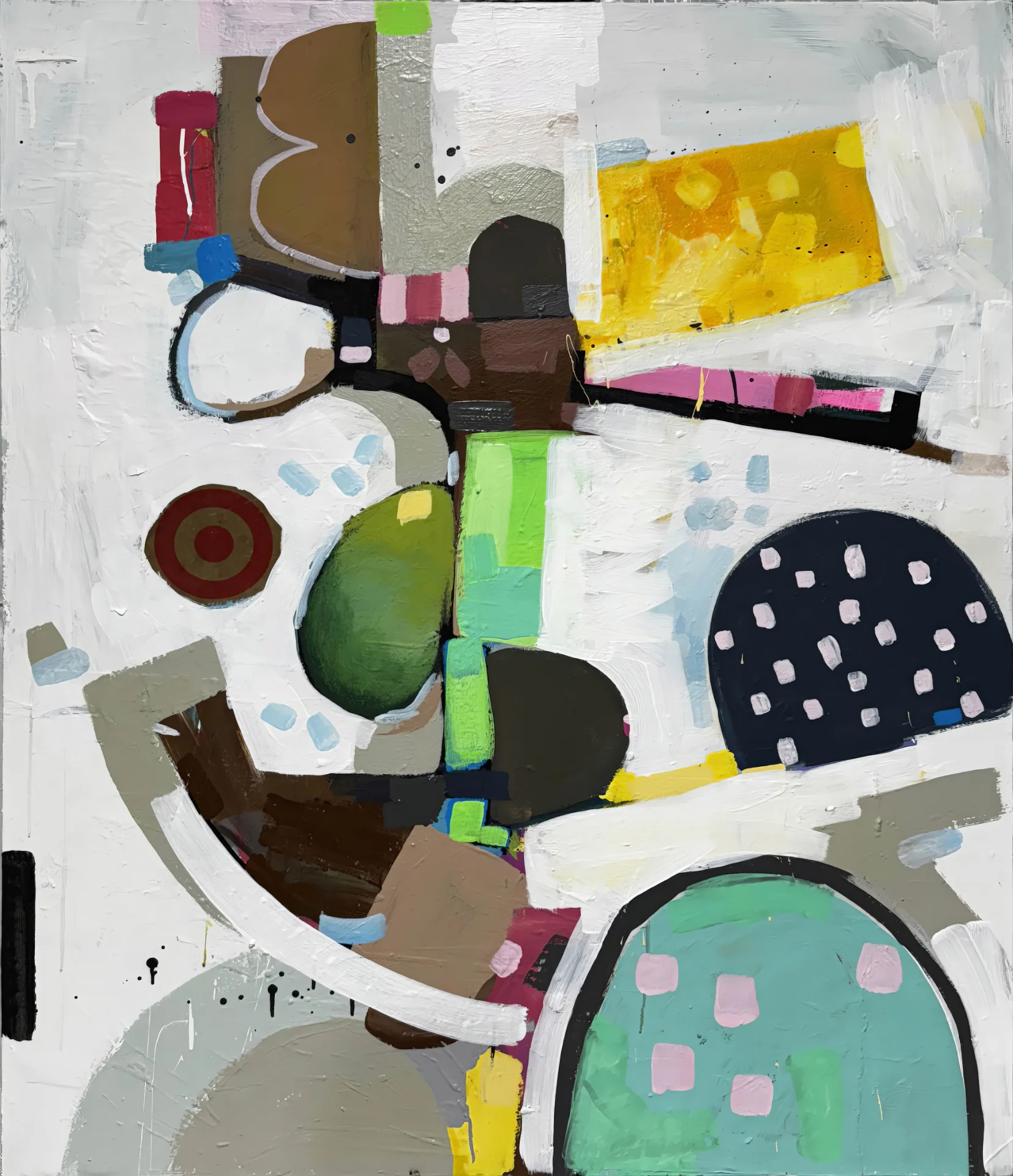 Geometric shapes in green, brown, yellow, and dark polka-dotted forms build rhythm on white.