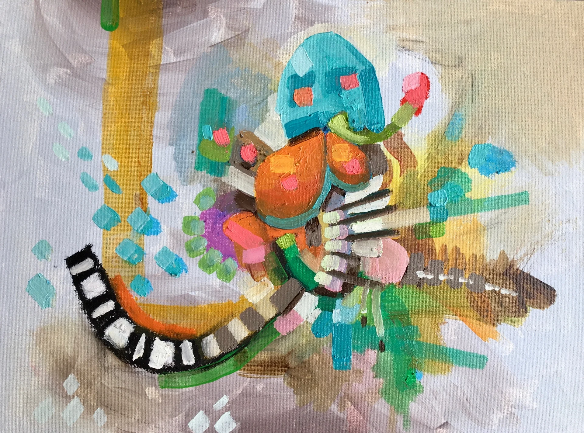 Teal-headed figure amid orange and colorful splashes; black and white striped form curves lower left.
