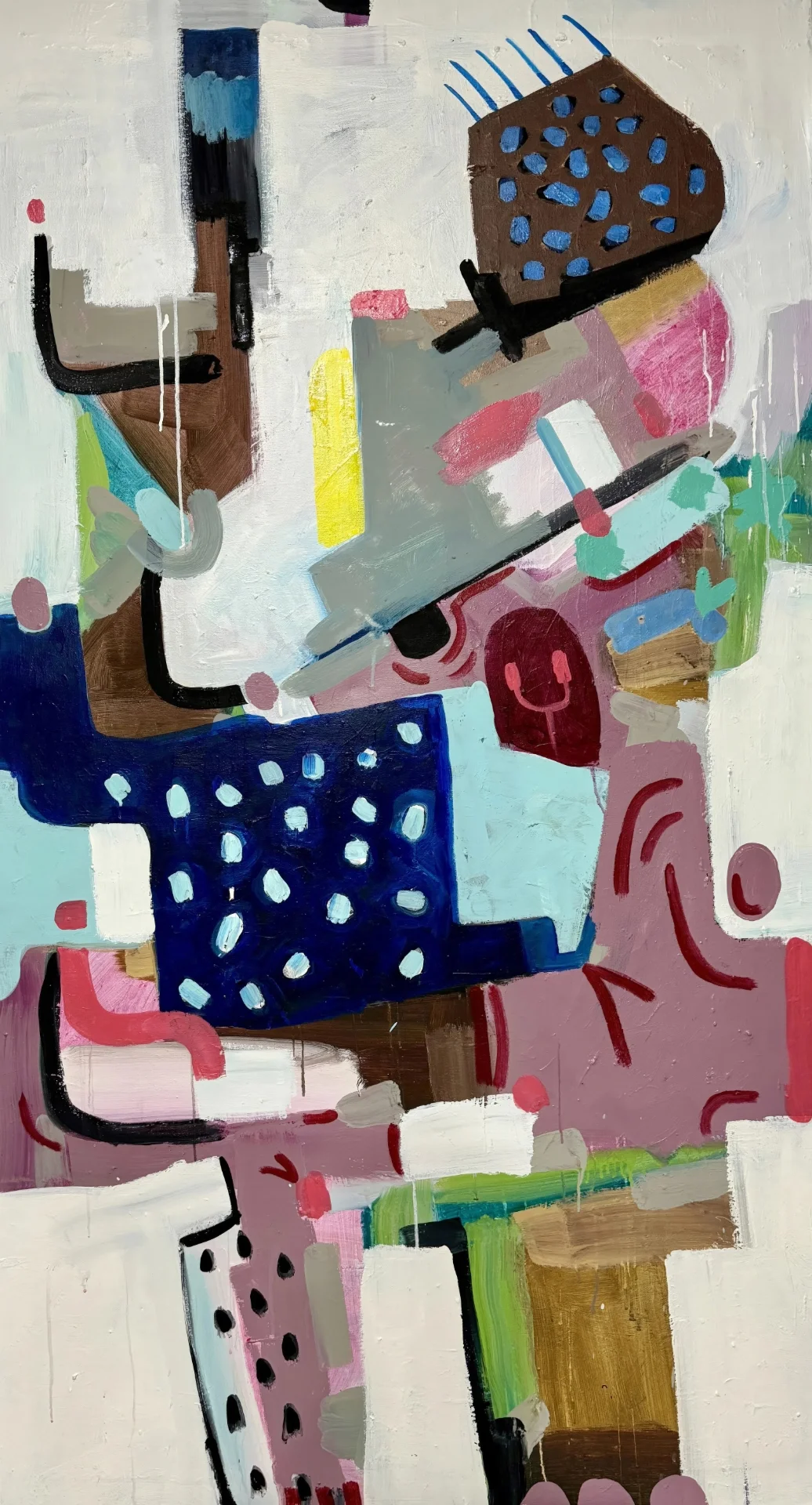 Navy, brown, pink, teal, yellow, and green forms collide energetically across a white ground.
