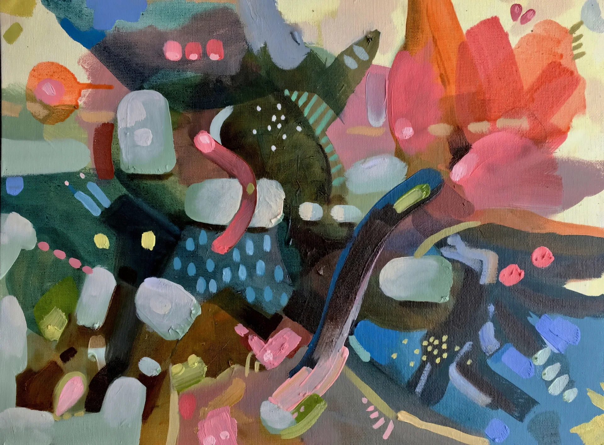 Pale organic forms swirl against deep green and black, punctuated by bright pinks and oranges.