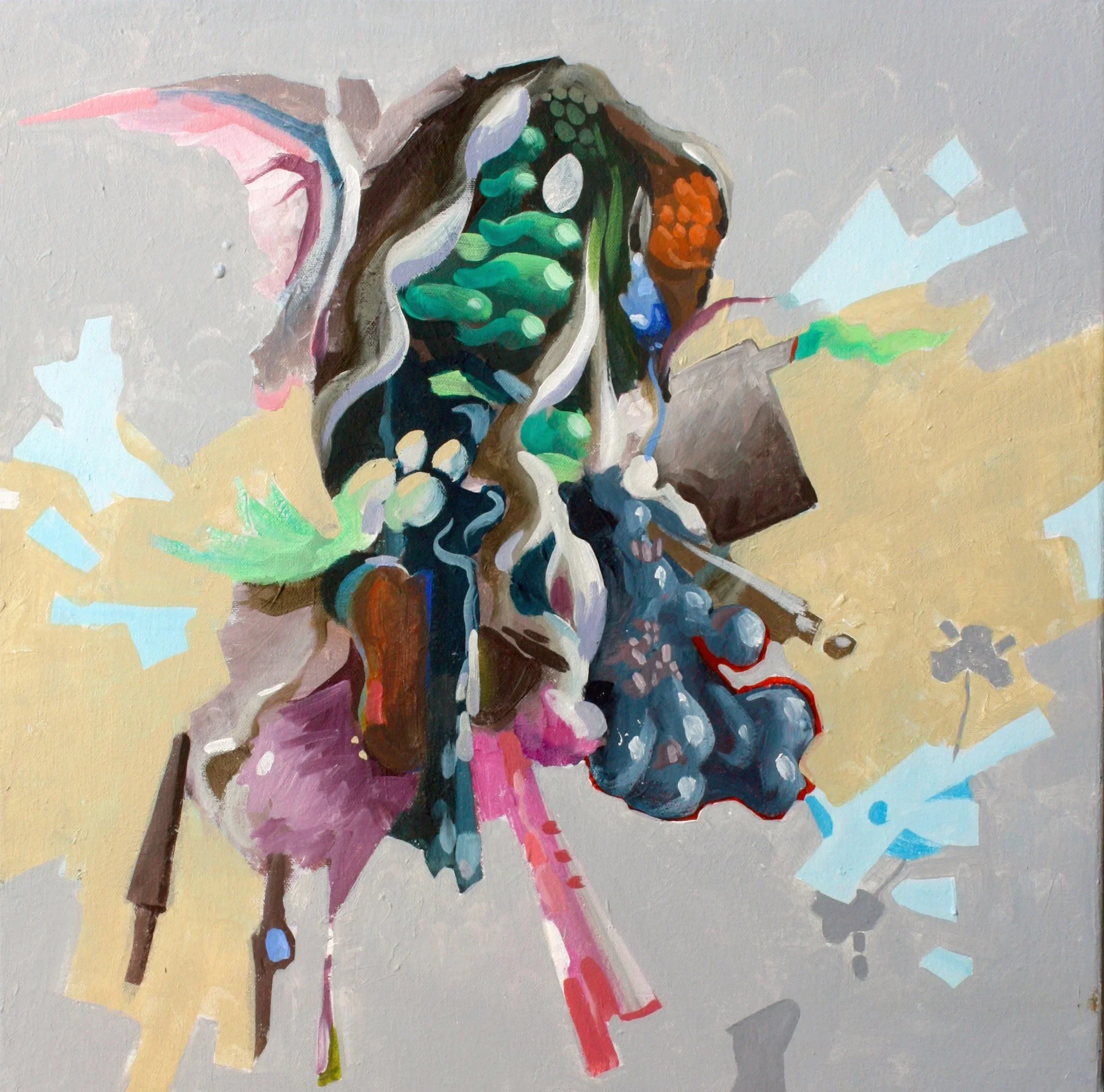 Fluid form in greens and blues churns against gray with chaotic splashes suggesting cosmic scale.