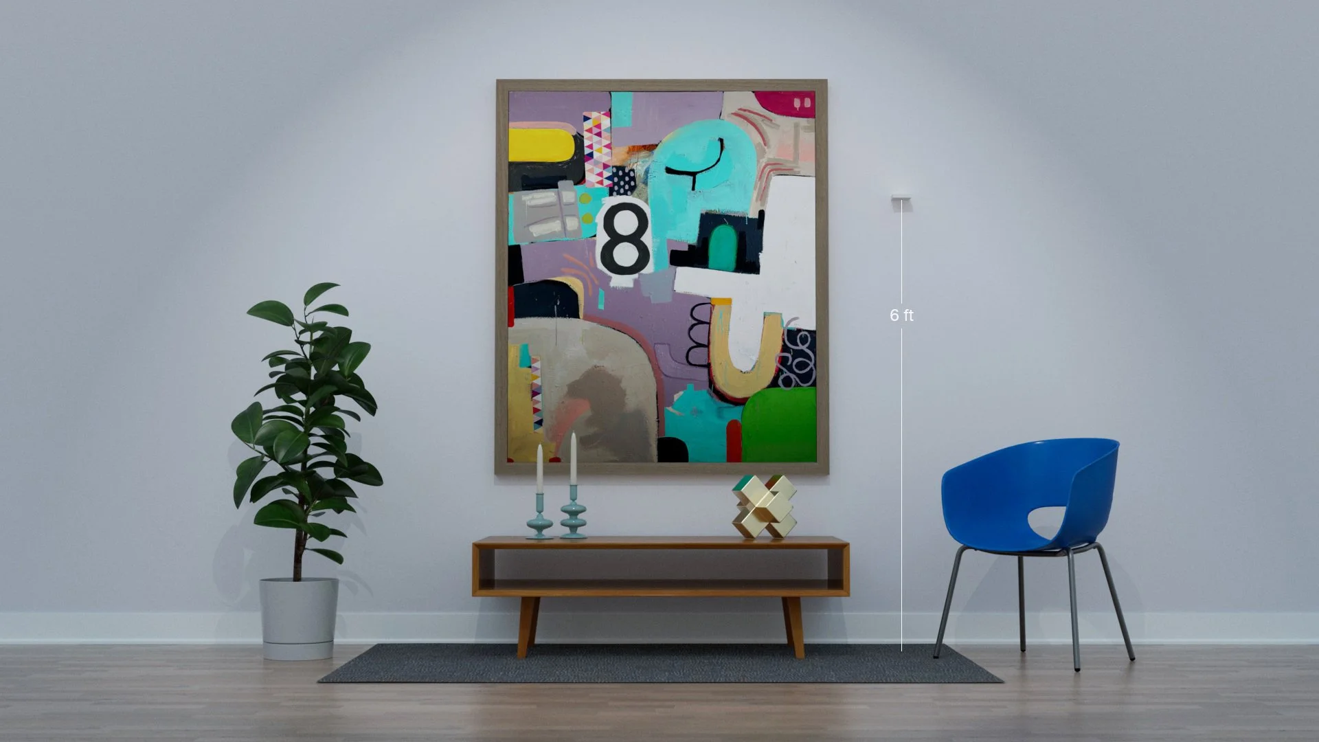 Minimalist interior with a large colorful abstract painting on the wall, a wooden console table with two candles and a decorative object, a blue chair to the right, a large green potted plant to the left, and hardwood flooring with a small grey rug u