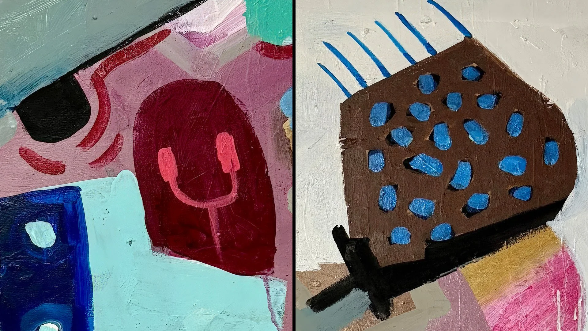 Abstract painting featuring various shapes and colors, including a red oval with a speaker icon, a blue rectangle with white circles, and a brown box with blue spots, with a mix of pastel and darker shades.