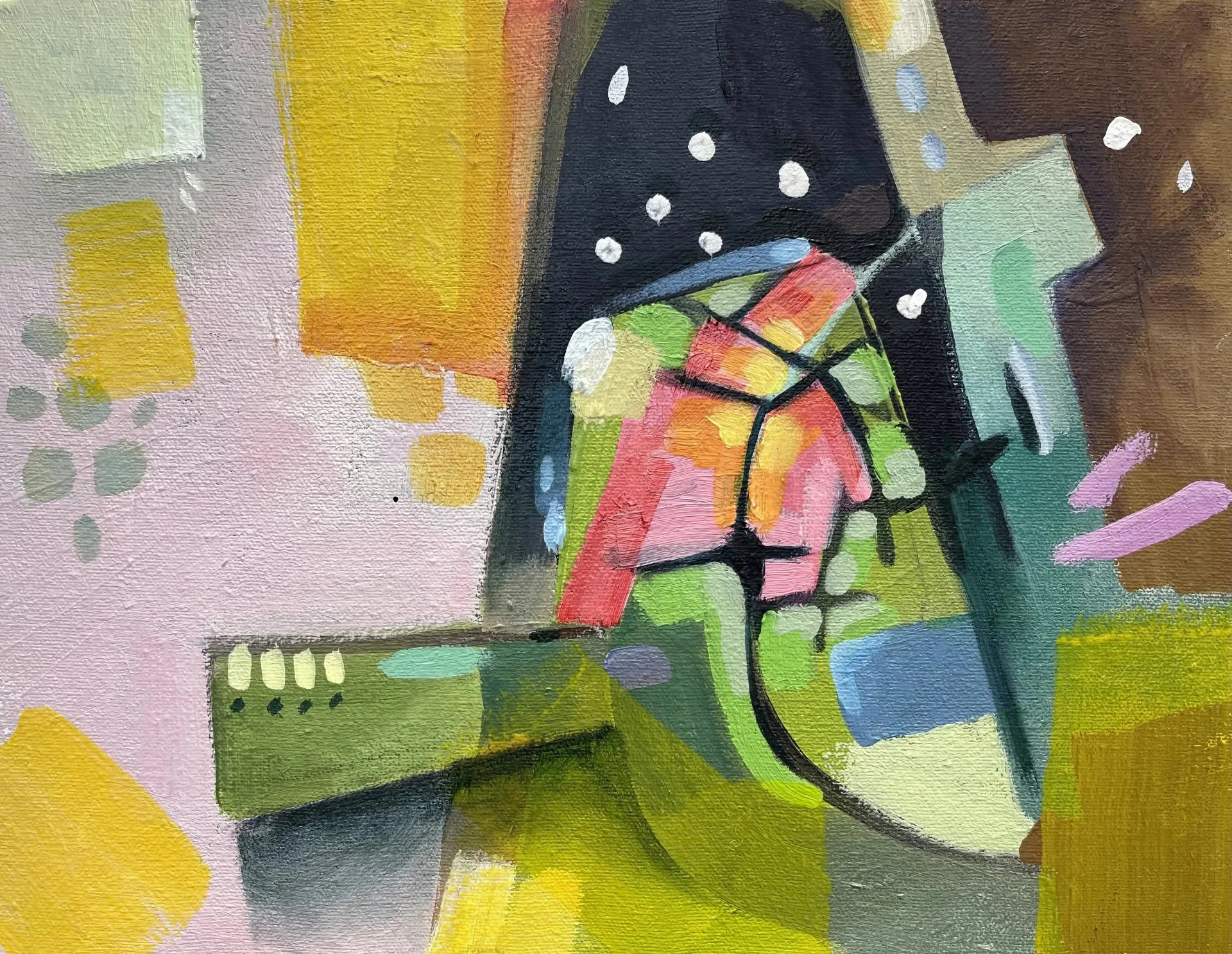 Vibrant color and loose black lines evoking the feel of music, not a literal guitar or night.