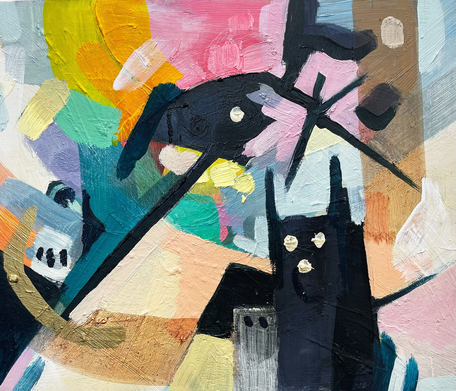 Black cat and fish in confident gesture, pastel pink, yellow, teal, and ochre shapes.