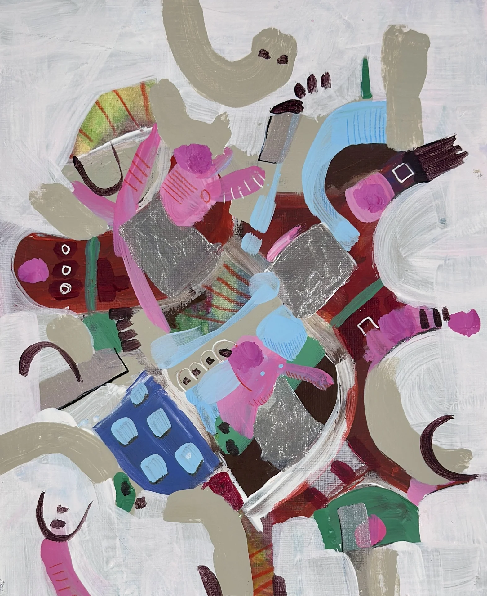 Chaotic shapes in maroon, dusty pink, gray, blue, and green evoke frenetic energy.
