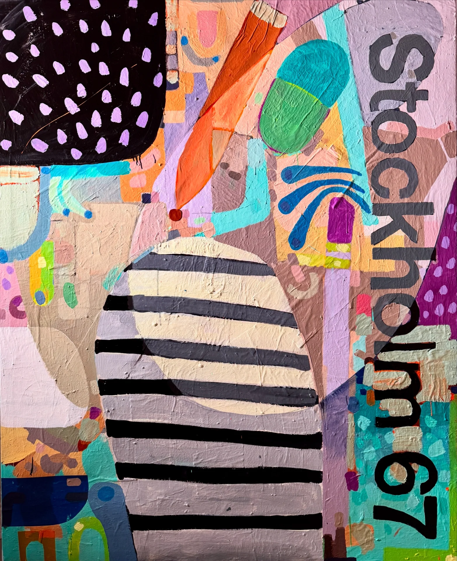 Black-and-white striped form amid organic shapes; vertical "Stockholm 67" in painted Helvetica.