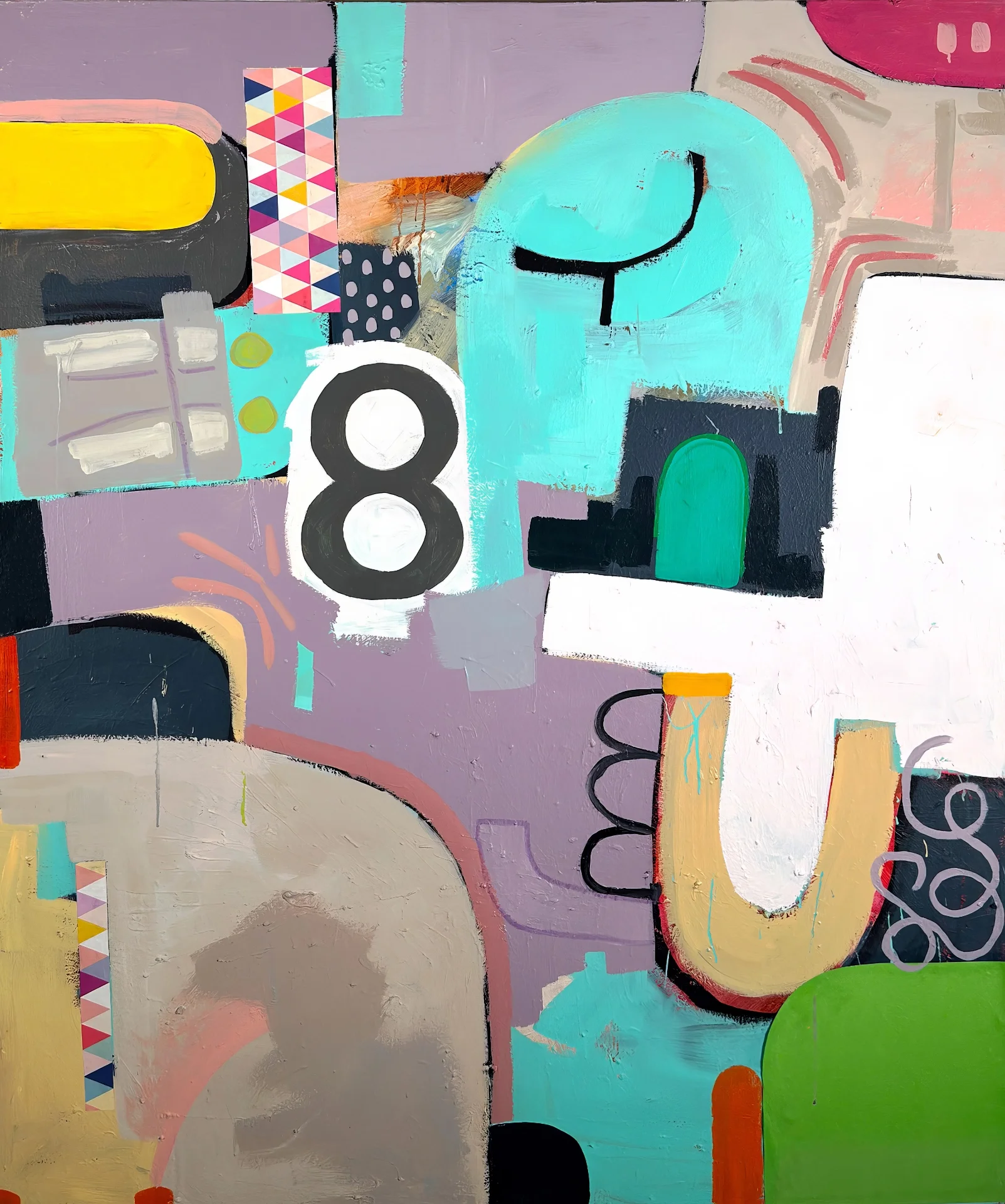 The number "8" anchors a dynamic field of turquoise, lavender, yellow, and green layered forms.
