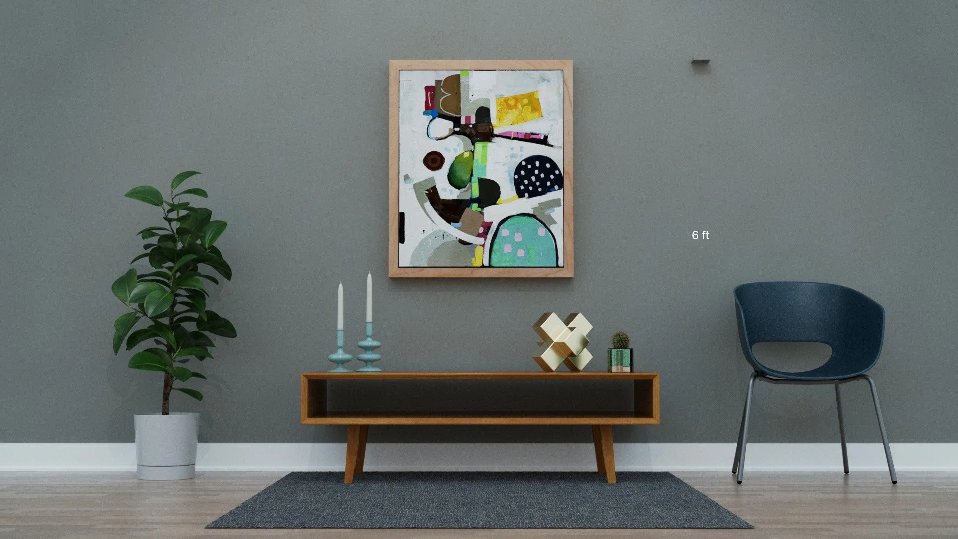 Interior of a modern living room featuring a gray wall, a large colorful abstract painting, a wooden console table with decorative items, a blue chair, a potted plant, and a gray rug.