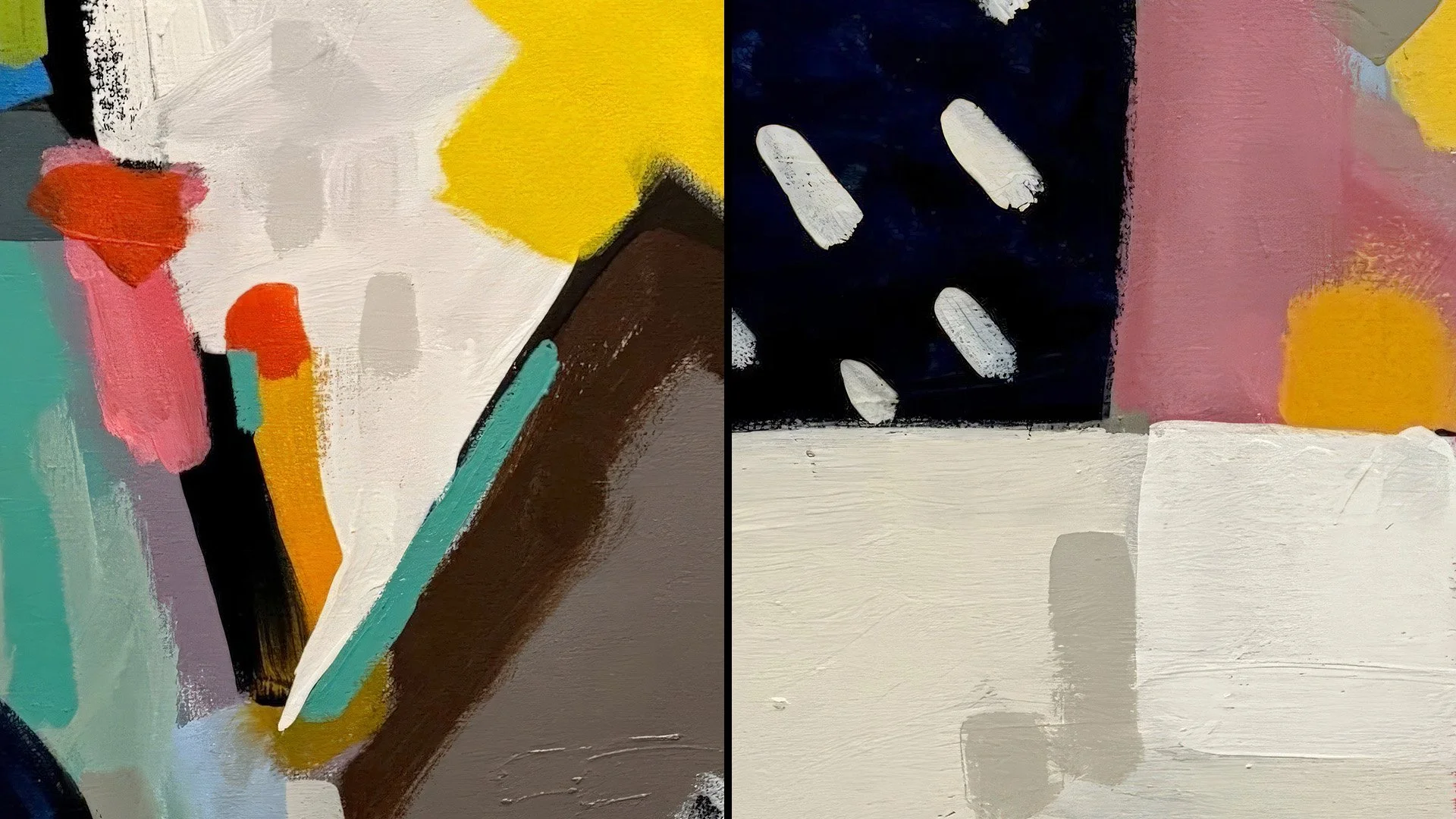 Abstract artwork featuring bold strokes and shapes in colors such as white, yellow, pink, black, brown, gray, and teal.