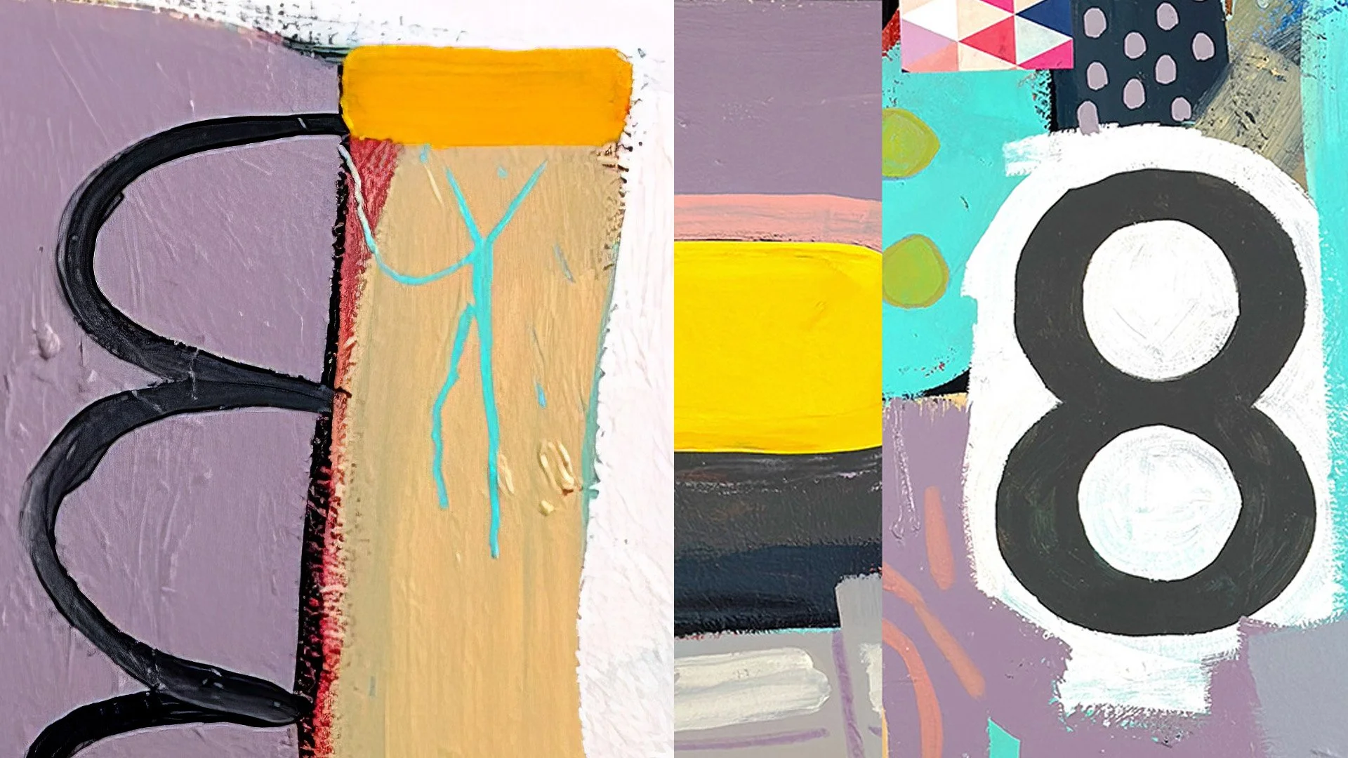 Close-up of an abstract painting featuring geometric shapes and vivid colors. On the left, a large purple area with a black curved line, a beige rectangle with blue lines, and an orange rectangle on top. On the right, a composition of blocks with var