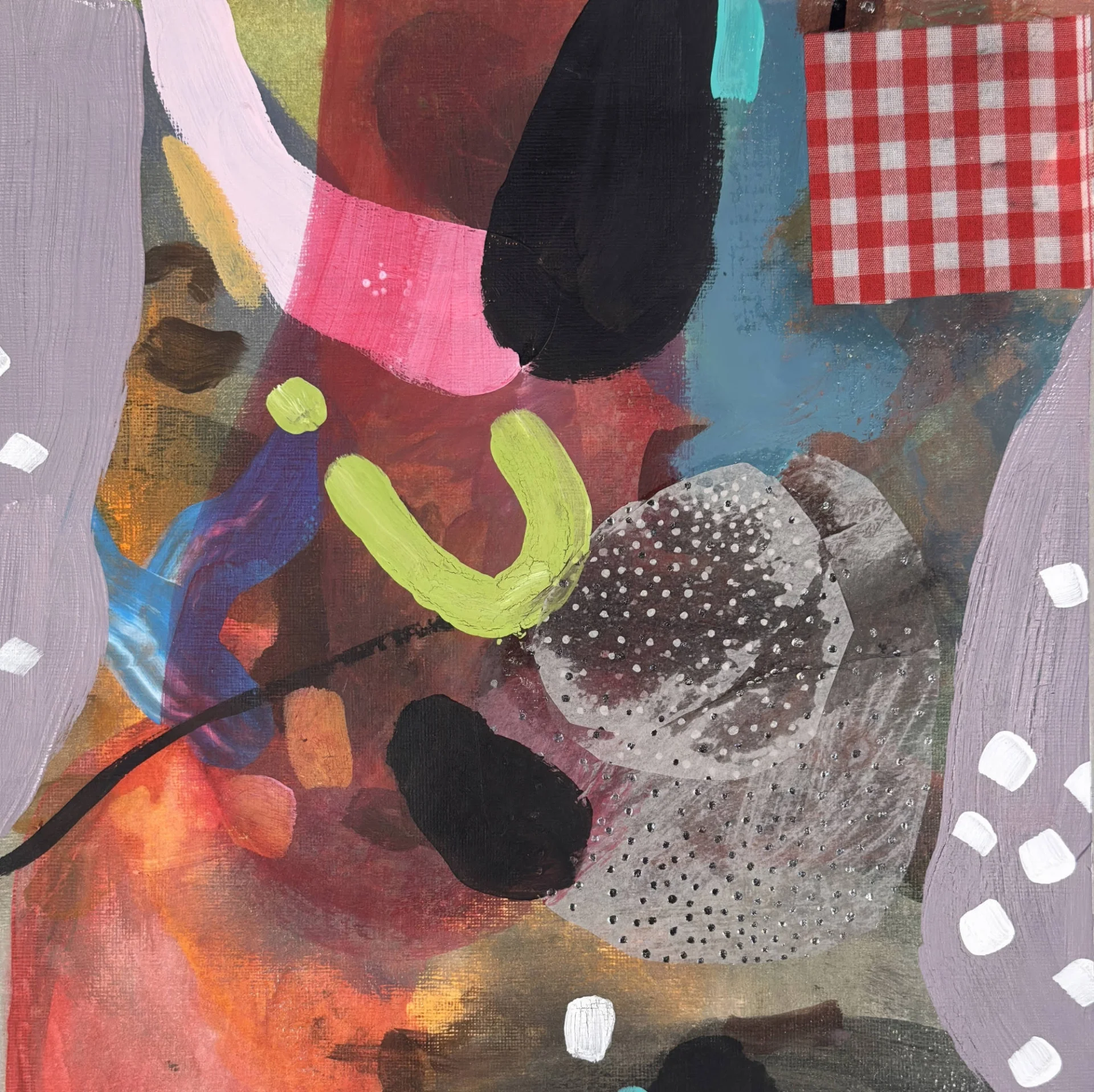 Red and white gingham upper right; bold colors, raw texture, and a wandering black line below.