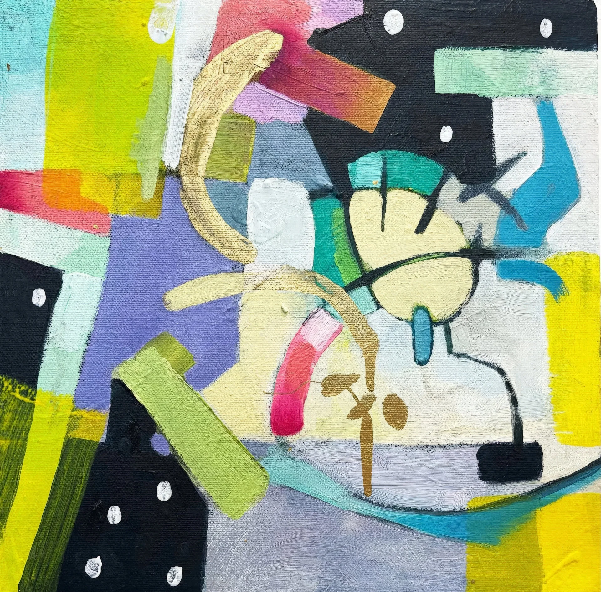 Chartreuse, black, pink, lavender, teal, and orange collide with a gold crescent and gilded tree.