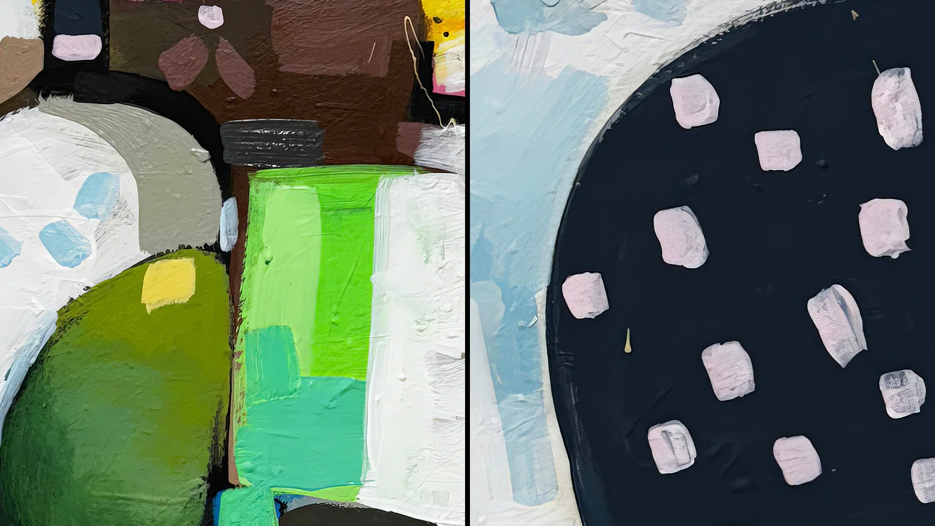 An abstract painting with various geometric shapes and colors. The left side features green, white, brown, and black shapes, while the right side shows a black circular shape with light pink rectangular stones around its perimeter.