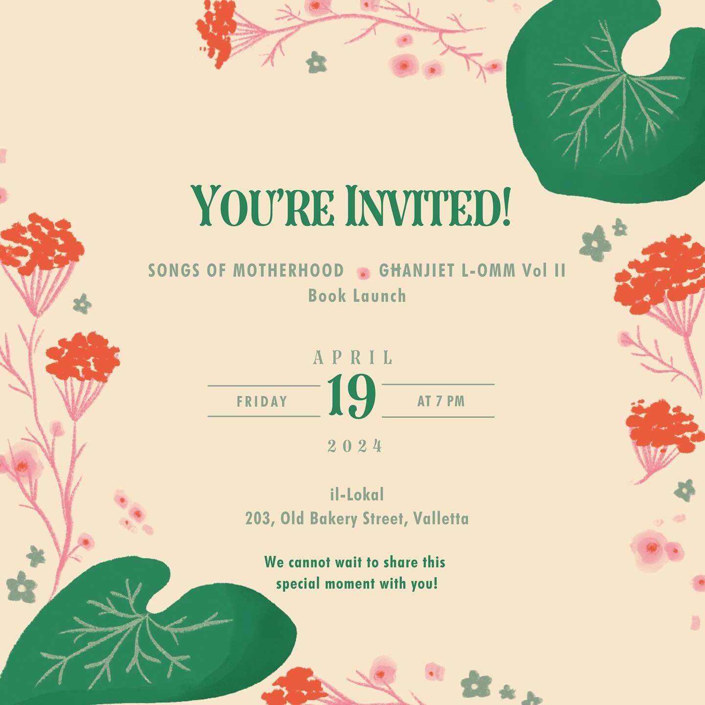🌿 Come one, come all! Join us as we celebrate the launch of the second volume of Songs of Motherhood - Għanjiet l-Omm at @il_lokal, a wonderful treasure trove of Made in Malta products. Have some bubbly, meet the lovely contributors and hear a coupl