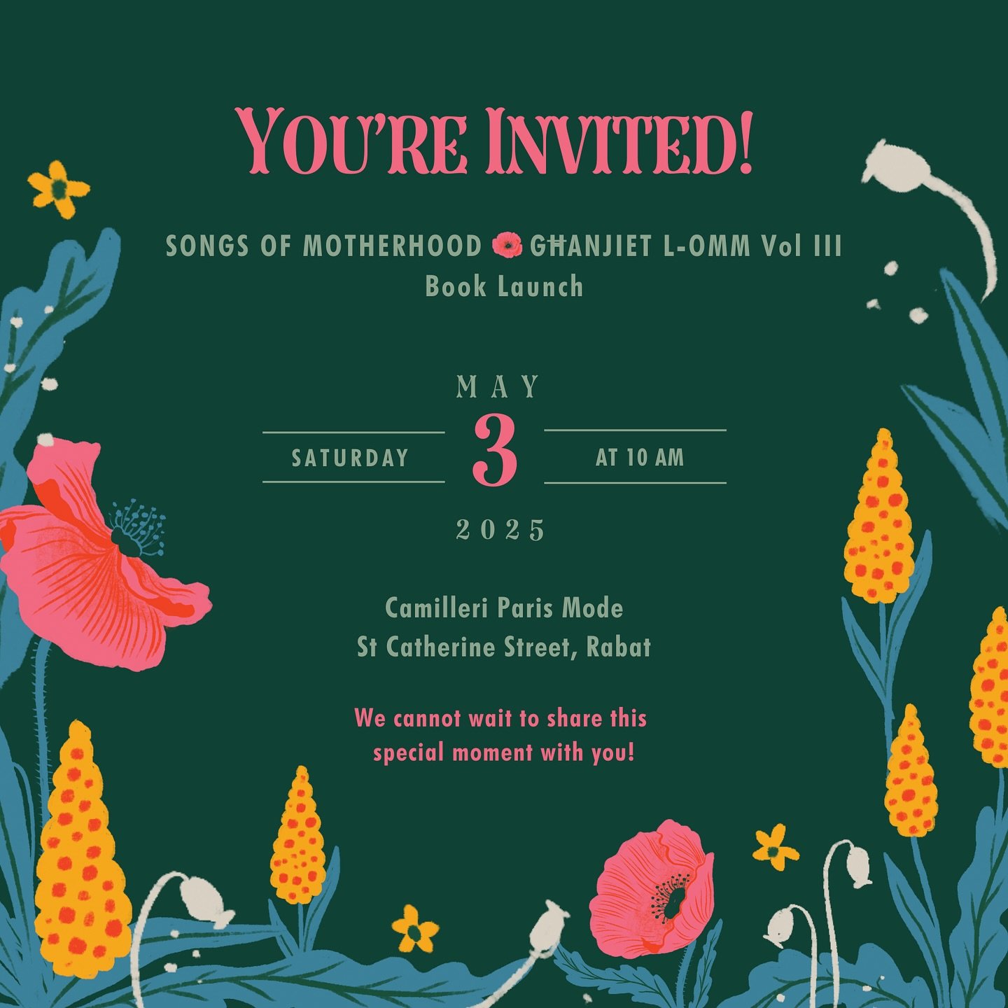 🌺 Join us as we celebrate the launch of our third volume! You&rsquo;re invited to the Camilleri Paris Mode store in Rabat, from 10am, for a glass of white, coffee and nibbles. There will be lots of catching up, laughter and a couple of readings from