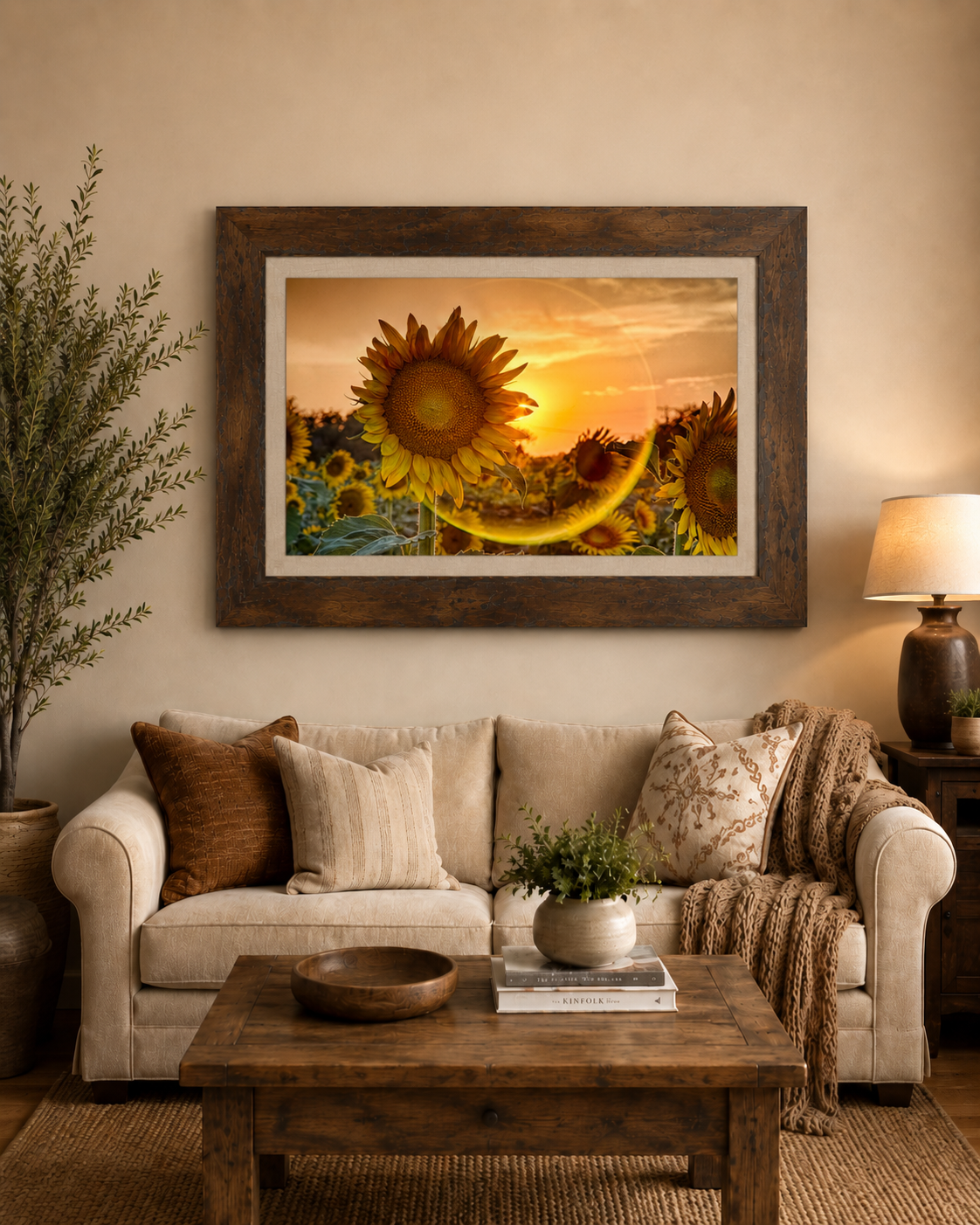 Sunflower field photograph at sunset displayed in a rustic wood frame with a linen liner above a sofa, showcasing custom framing in Wichita, KS by Dock 410.