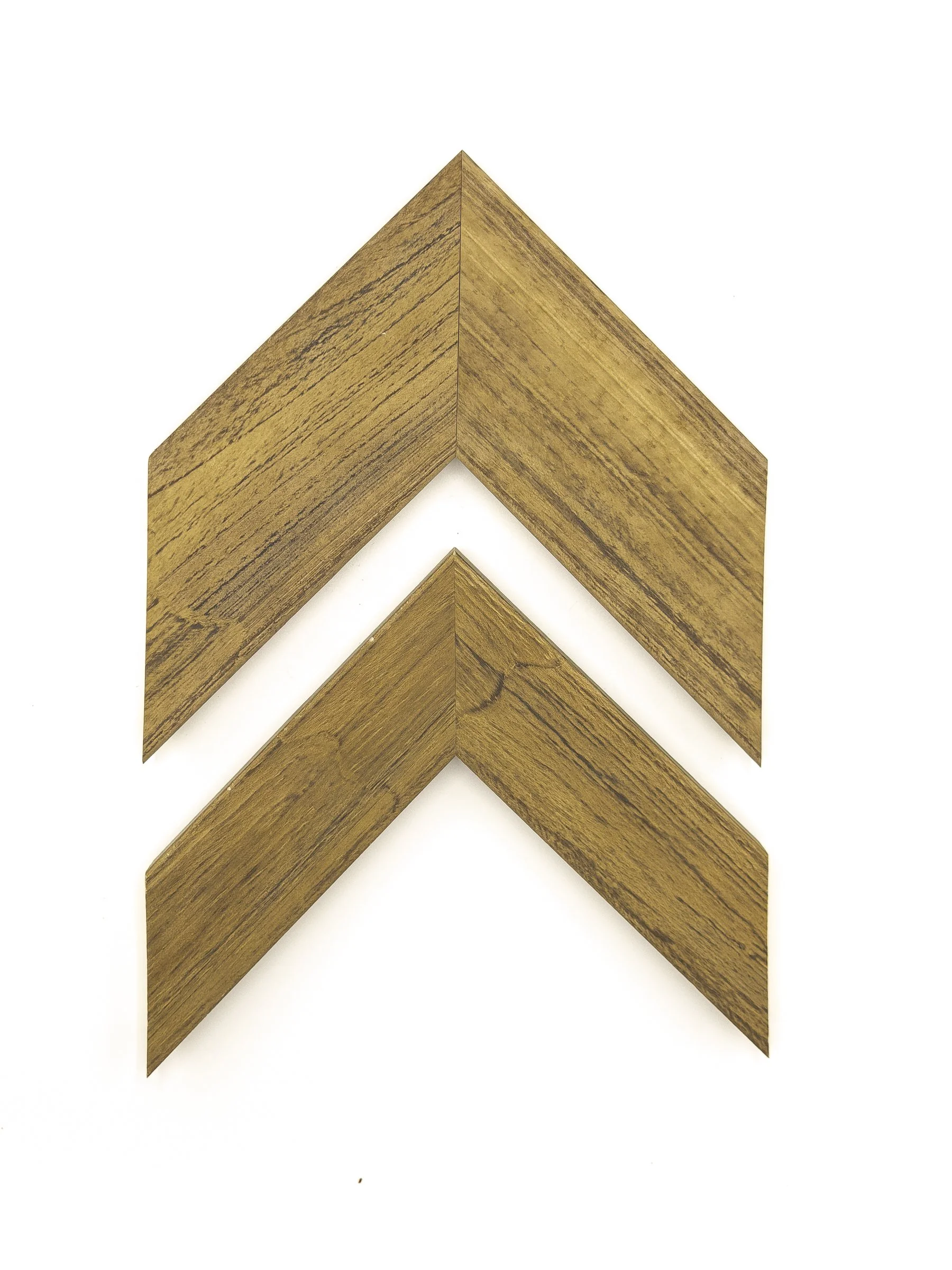 Warm golden-oak picture frame moulding with a clean, contemporary profile and natural wood-grain detailing, shown in wide and narrow options. Available for custom framing in Wichita, KS at Dock 410, this versatile moulding is ideal for landscapes, ph