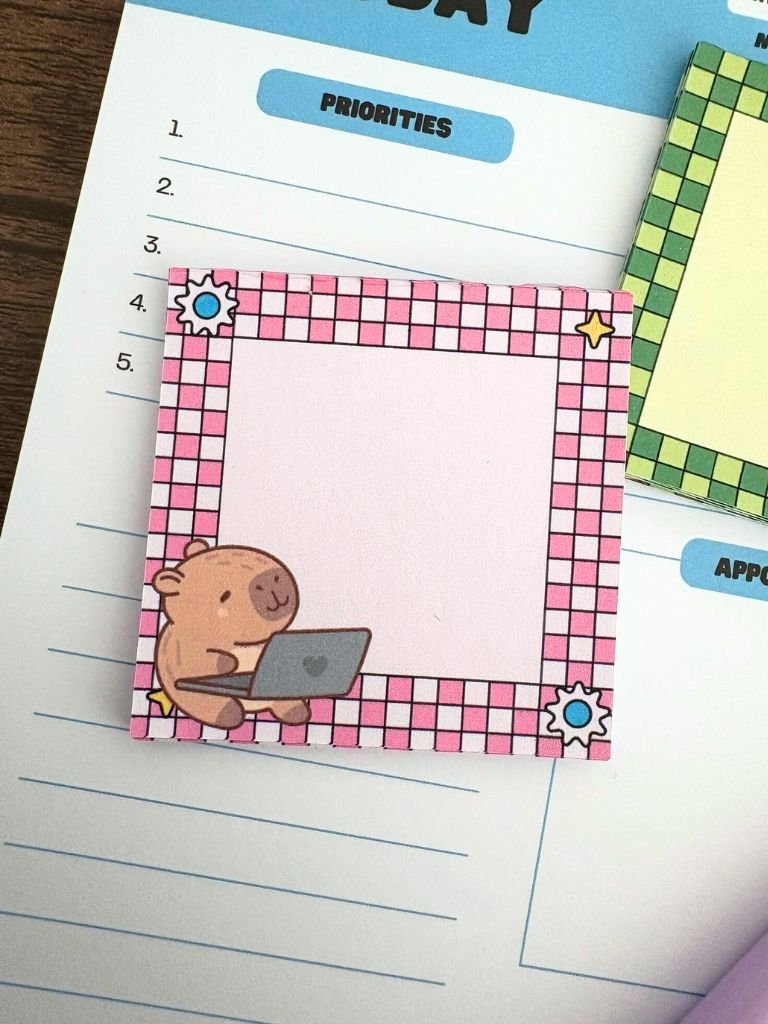 Cute Pink & Green Capybara Memo Pad - Handmade Mini Tear Off Notepad