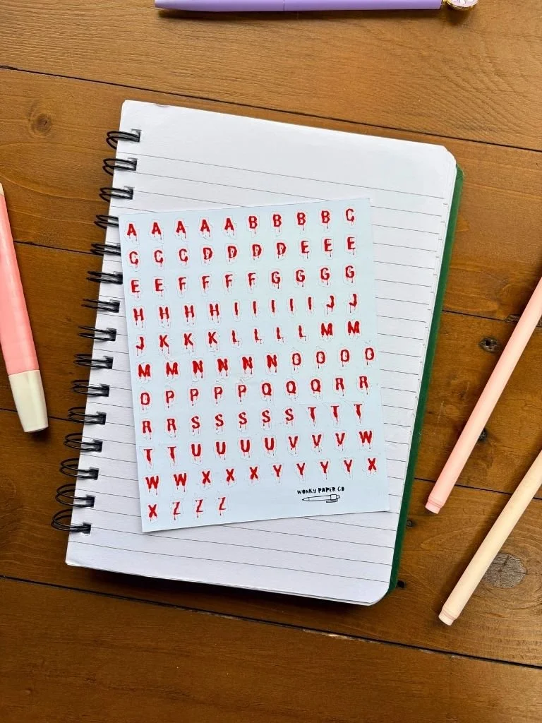 Dripping Blood Alphabet Sticker Sheet - Horror Themed Letter Stickers