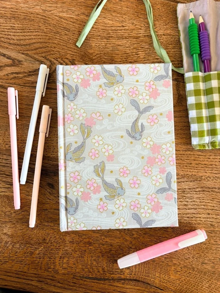 Japanese Notebook - Handmade Hardcover Journal With Koi Carp And Cherry Blossom
