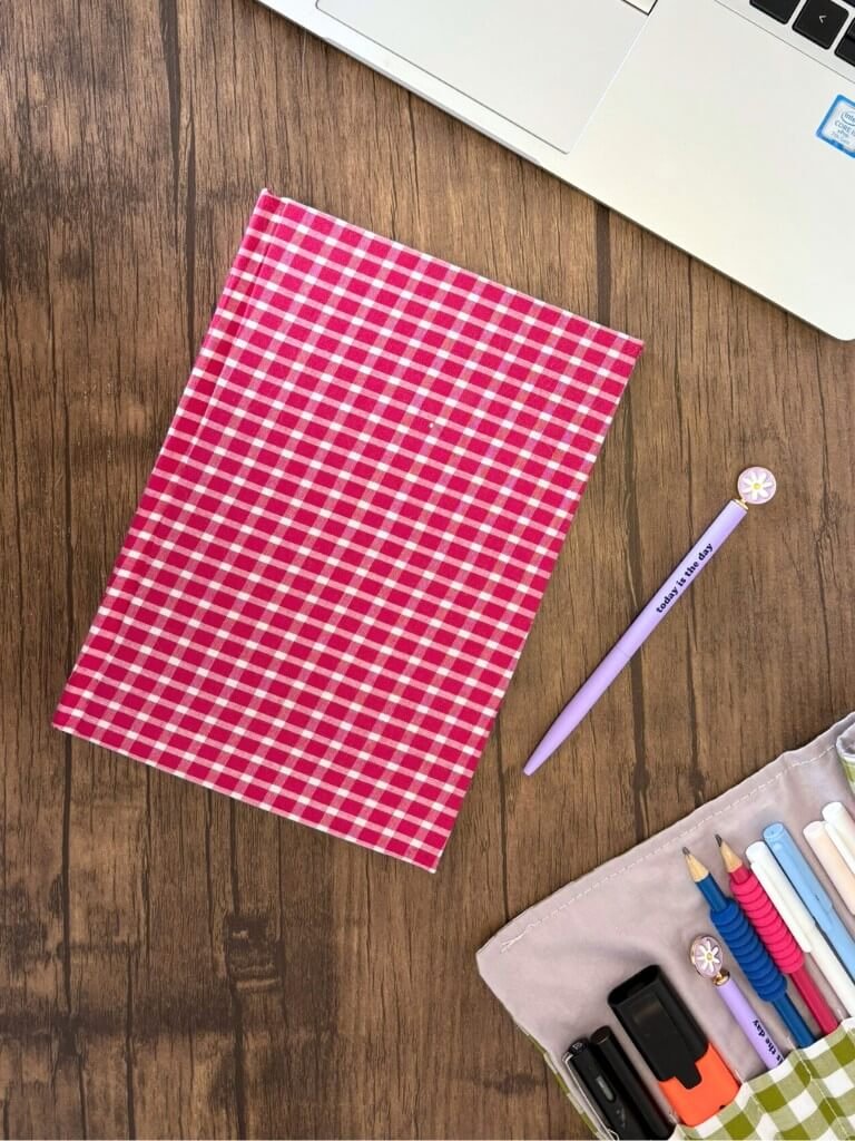 Handmade Hardcover Pink Checked Notebook | A5 Handcrafted Fabric Journal
