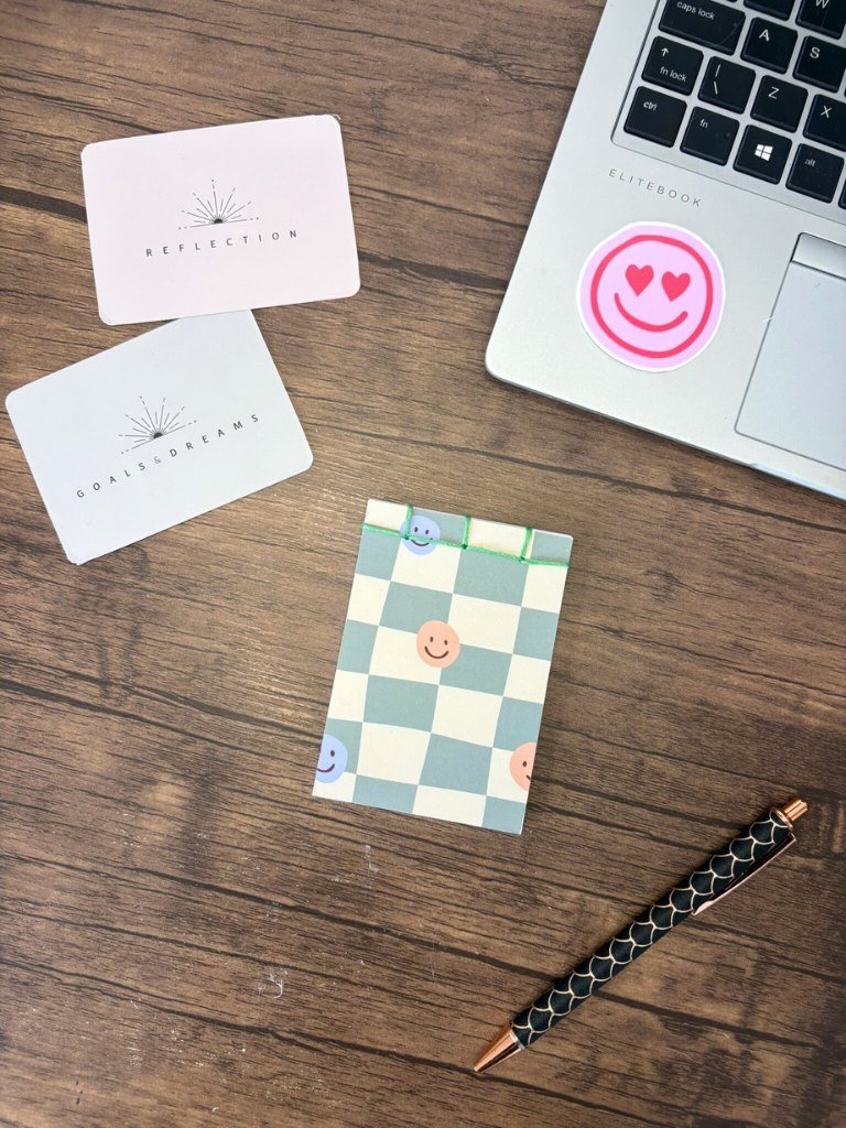 Green And Yellow Checked Mini Notebook With Smiling Faces
