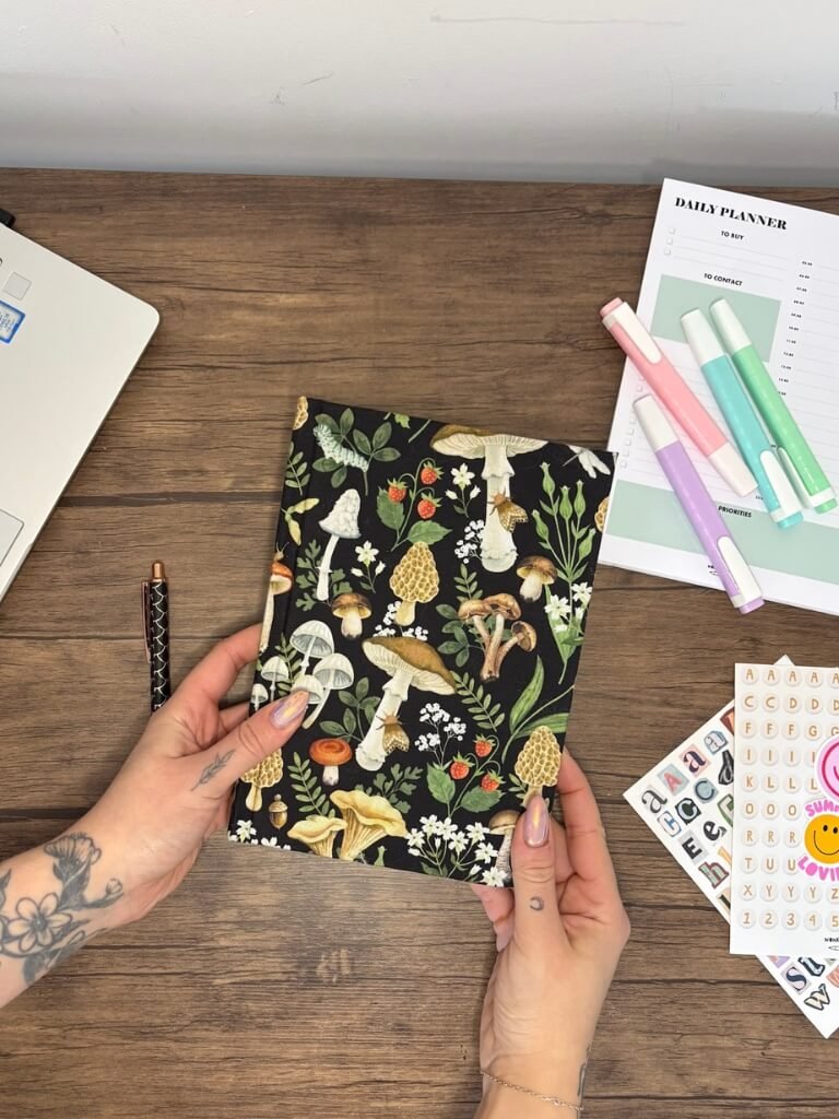 Handmade Hardback Notebook With Mushroom And Forest Fabric Cover