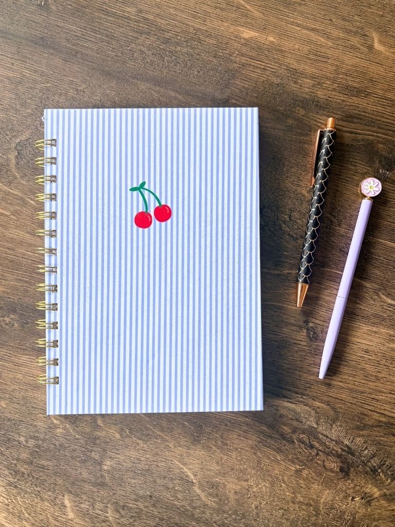 Handmade Striped Journal With Cherry - Minimalist Spiral Bound Notebook