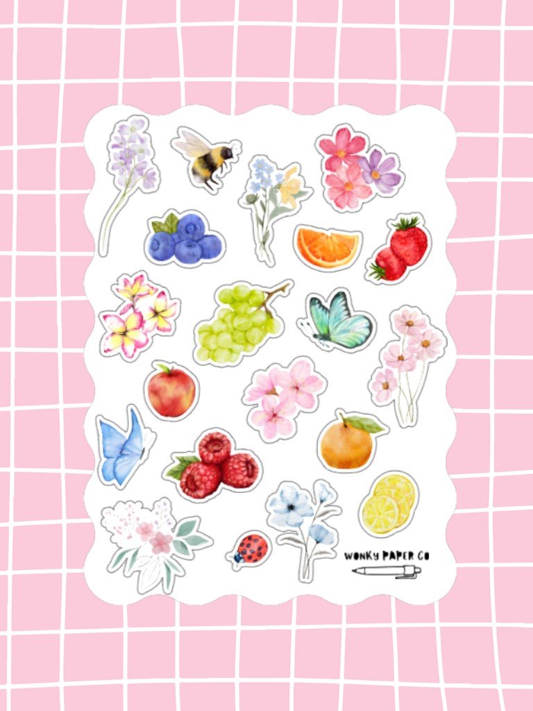 Flowers & Fruit Themed Summer Sticker Sheet | Colourful Matte Summer Themed Journal Stickers