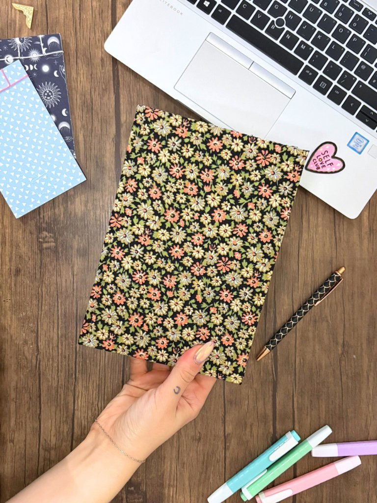 Handmade Hardcover A5 Notebook With Dark Floral Fabric Cover