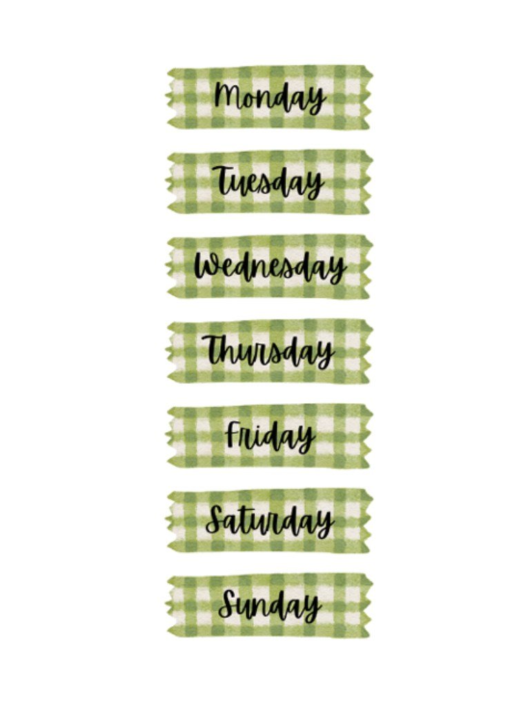 Daily Planner Stickers | Green Gingham Day Of The Week Stickers For Bullet Journals