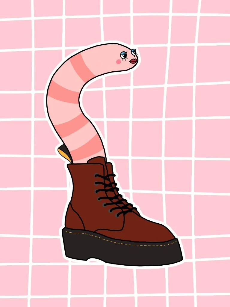 Goth Worm In Boots: Hand Drawn Vinyl Sticker