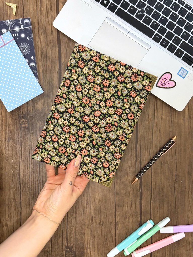 Handmade Hardcover A5 Notebook With Dark Floral Fabric Cover
