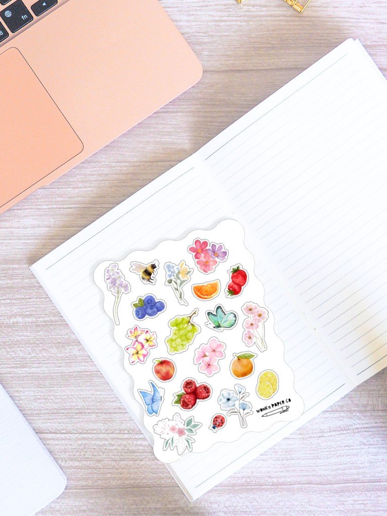 Flowers & Fruit Themed Summer Sticker Sheet | Colourful Matte Summer Themed Journal Stickers