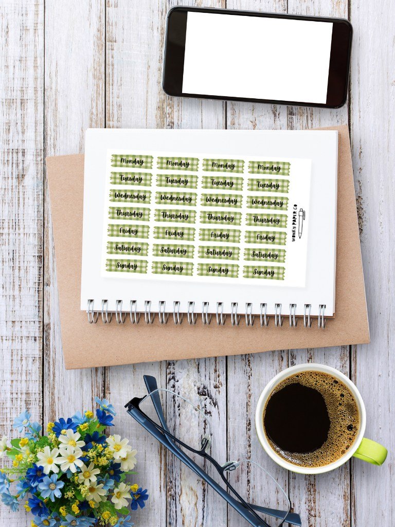 Daily Planner Stickers | Green Gingham Day Of The Week Stickers For Bullet Journals